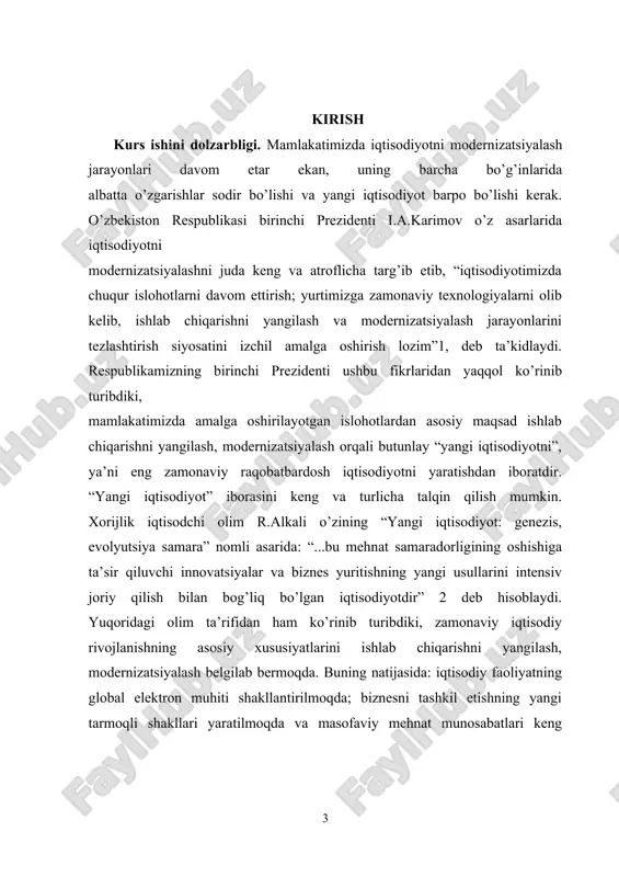 ktron muhiti shakllantirilmoqda; biznesni tashkil etishning yangi tarmoqli shakllari yaratilmoqda va masofaviy mehnat munosabatlari keng tarqalmoqda va boshqalar. ushbu holatlarning barchasi bizning ham zamonaviy iqtisodiyotimizda amal qilib kelmoqda. kurs ishini maqsadi:iqtisodiyotni modernizatsiyalash sharoitida korxonalar faoliyatini boshqarishda innovatsion faoliyatni takomillashtirishga qaratilgan takliflar ishlab chiqishdan iborat. kurs ishini vazifasi: kurs ishini maqsadi kelib chiqib,quyidagi ilmiy vazifalar qo’yildi: korxonalar faoliyatini boshqarishda innovatsion faoliyatning mohiyatini ochib berish; - innovatsion jarayonning asosiy bosqichlari va uning menejmentini ko’rib chiqish; - korxonalarda innovatsion loyihalarni baholash tartibi va tanlash usullarini yoritib berish; - innovatsion texnologiyalarni qo’llash sharoitida korxonaning zamonaviy holatini tahlil qilish; - korxonalar faoliyatini boshqarishda innovatsion jarayonlarni takomillashtirish yo’llarini ishlab chiqish. i-bob. innovatsion jarayonlar nazariyasi. 1.1 innovatsiya va uning ta’lim jarayondagi ahamiyati. so'nggi yillarda pedagogika nazariyasiga boshqa sohalardan bir qator yangi tushunchalar kirib keldi. bu esa pedagogikaning boshqa fanlar bilan aloqada ekanligidan dalolat beradi. tushunchalarning aksariyati texnika va iqtisod sohalaridan kirib kelgan bo'lib, aynan shu sohalar insoniyat …