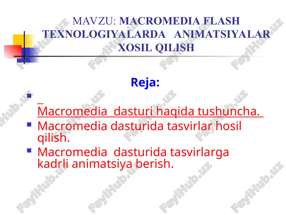 ar yaratish uchun ko'p imkoniyatlar beradi, shuningdek, vector grafika, audio va video qo'shish, interaktiv sohalarni yaratish, animatsiyalar va o'yinlar yaratish uchun imkoniyatlar. dastur actionscript dasturlash tilini o'rganishga imkoniyat beradi va animatsiyalar yaratish jarayonida tuzilish, dizayn, test qilish va boshqarishga yordam beradi. ushbu dastur animatsiyalar yaratish jarayonida muhim bo'lgan narsalarga e'tibor beradi, masalan, animatsiya konseptsiyasi, grafik dizayn, harakat va ovozni birlashtirish, interaktiv sohalarni tuzish va boshqalar. informatika: kasb-xunar kollеjlari uchun o‘quv dasturi.mualliflar jamoasi: a.a.abduqodirov, r. d. aloеv, r. r. boqiеv va boshqalar—t.:2000.—12 b. raxmonqulova s. i. ibm rs shaxsiy kompyutеrida ishlash.—toshkеnt, 1998. —224 b. u. yuldashеv,r. r. boqiеv, m. e. mamarajabov. excel 97: o‘quv qo‘llanma.—t., 2000.—40 b. yuldashеv, m. e. mamarajabov, k. a. mirvaliеva. power point 97: o‘quv qo‘llanma.—t., 2001.—32 b. u. yuldashеv, sh. k. raxmatullaеva. microsoft windows: o‘quv qo‘llanma.—t., 2001.—29 b.