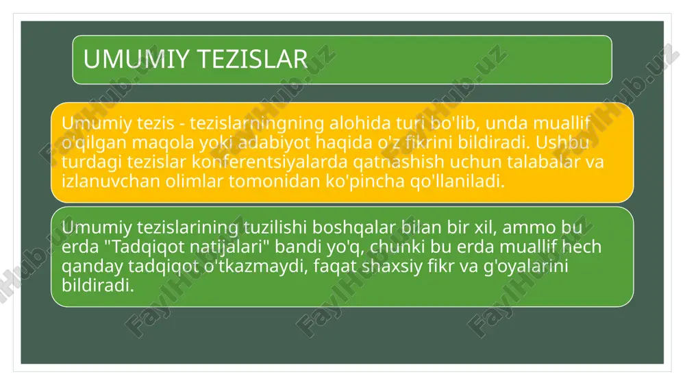 ---------------------------------------------------------------------------------------------- materiallar va uslublar materiallar va usullar tezisningning eng asosiy qismi bo'lib, ilmiy izlanishlarga butun ma'no va rang beradi. bu qismda muallifning barcha materiallari va tadqiqot usullari, uning tavsifi, mulohazalari va boshqalar yoziladi. materiallar va usullarni loyihalash uchun shablon: materillar va uslublar: ---------------------------------------------------------------------------------------------------------------------------------------------------------------------------------------------------------------------------------------------------------------------------------------------------------------------------------------------------------------------------------------------------------------------------------------------------------------------------------------------------------------------------------------------------------------------------------------------------------------------------------------------------------------------------------------------------------------------------------------- muhokama natijalari tezisning ushbu qismi muallifning tadqiqotining barcha natijalarini ifodalashi kerak, ya'ni. u nimani o'rgandi, qanday yangiliklarni o'rgandi va muammoning qanday echimiga keldi. tezisning ushbu qismida hech qanday holatda plagiat bo'lmasligi kerak, ya'ni. muallifning sof niyati fikri bo’lishi kerak. “muhokama natijalari” ham hajmi jihatidan kichik va 2-4 gapdan iborat. muhokama natijalarini loyihalash uchun shablon: muhokama natijalari: -------------------------------------------------------------------------------------------------------------------------------------------------------------------------------------- xulosa tezisning yakuniy qismi, unda muallif fikrlarning barchasiga xulosa yozadi. bundan tashqari, ushbu qismda plagiat bo'lmasligi kerak. xulosa muallifning mulohazalariga qarab 2-10 gapdan iborat. xulosa uchun shablon: x