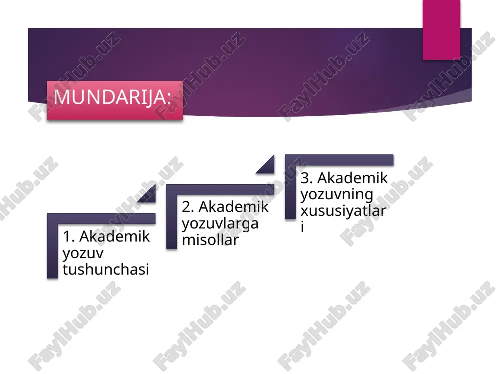 gan hujjatdir. dasturi. dissertatsiya doktorlik dissertasiyasining tadqiqot natijalarini umumlashtirishi hisoblanadi. akademik yozuvning xususiyatlari ko'pgina ilmiy fanlar o'zlarining noyob uslubiy konvensiyalarini qo'llashadi. biroq, barcha akademik yozuvlar ma'lum xususiyatlarga ega. ochiq va cheklangan e'tibor . akademik hujjatning asosiy mavzusi - argument yoki tadqiqot savolnomasi tezroq bayonot bilan belgilanadi. qog'ozning har bir xatboshi va jumlasi shu asosiy yo'nalishga qayta bog'lanadi. qog'ozda fon yoki kontekstli ma'lumot bo'lishi mumkin, ammo barcha tarkib tezisni qo'llab-quvvatlash maqsadiga xizmat qiladi. mantiqiy tuzilma . barcha akademik yozuv mantiqiy, sodda tuzilishga asoslanadi. oddiy shaklda ilmiy maqola tanqidiy, tanqidiy maqola va xulosani o'z ichiga oladi. kirish introduktsiya ma'lumotlari bilan ta'minlaydi, inshoning ko'lami va yo'nalishini belgilaydi va tezisni bildiradi. akademik yozuvlarga misollar ilmiy yozish, akademik yozuvlarga misollar ilmiy yozish, albatta, ilmiy muhitda ishlab chiqarilgan har qanday rasmiy yozma ishdir. akademik yozish juda ko'p shaklda keltirilgan bo'lsa-da, ba'zi bir eng keng tarqalgan. albatta, ilmiy muhitda ishlab chiqarilgan har qanday rasmiy yozma ishdir. akademik …
