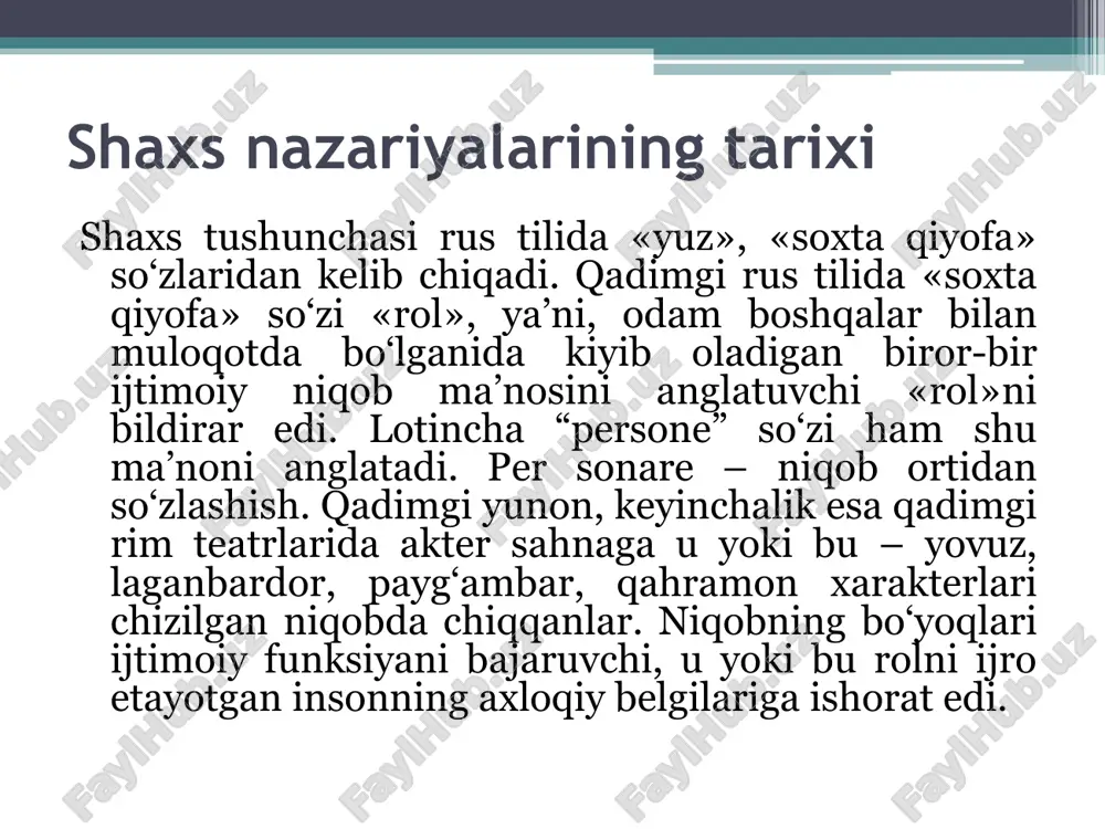 ini tutishni o‘rganadi. har bir kasb uchun, masalan, jamiyat a’zosi taqib yuradigan ma’lum niqob xosdir. shaxs xarakterini tashkil etuvchi bo‘lib hisoblanmaydi, lekin u bilan uzviy bog‘liq bo‘lib, ichki «men»ning himoyasi sifatida faoliyat yuritadi. ko‘pgina tillarda mavjud bo‘lgan «o‘zlikni yo‘qotish» iborasi o‘zining egallab turgan o‘rnini va darajasini yo‘qotishni bildiradi. sharq tillarida (xitoy, yapon) shaxs tushunchasi odamning yuzi bilan emas, balki butun tanasi bilan bog‘lanadi. evropa an’analarida yuz tana bilan birgalikda o‘rganiladi, chunki inson chehrasi ruhining timsolidir, xitoyliklar tafakkurida esa «yashovchanlik» tushunchasiga individning ham ma’naviy, ham vujudiy sifatlari kiradi. shu asosda, avval boshidan «shaxs» tushunchasiga ma’lum hayotiy rollarni ijro etganda o‘ziga xoslikka ega bo‘ladigan tashqi, yuzaki ijtimoiy obraz – qandaydir «shaxs», atrofdagilarga qaratilgan ijtimoiy yuz ifodasi kiritilgan edi. xix asrning dastlabki o‘n yilliklarida shaxs psixologiyasi muammolari bilan faylasuflar bilan bir qatorda shifokor-psixiatrlar ham shug‘ullana boshladi. ular birinchilar qatorida klinika sharoitlarida bemor shaxsi ustidan muntazam ravishda kuzatuvlar olib bordilar, uning xulq-atvorini yaxshiroq tushunish …