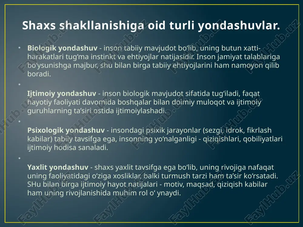 eramentning umumiy tiplari va bolaning o‘ziga xos xususiyatini o‘ rganish, metodikasini bilish muhim. bolaning individual - o‘ziga xos xususiyatini bilish uchun temperamentning umumiy tiplari va bolaning o‘ziga xos xususiyatini o‘ rganish, metodikasini bilish muhim. bolaning jismoniy va psixik kamoloti quyidagi davrlarga bo‘linadi: 1.go‘daklik davri - chaqaloqlik (1 oy) davri tugagandan to bir yoshgacha bo‘lgan davr. 2.bog‘chagacha bo‘lgan yosh davri - 1 yoshdan 3 yoshgacha. 3.maktabgacha bo‘lgan yosh davri - 3 yoshdan 7 yoshgacha. 4.kichik maktab yoshidagi o‘quvchilar (bolalar) -7 yoshdan 11-12 yoshgacha. 5.o‘rta va kata maktab yoshidagi o‘quvchilar (o‘smirlar, ilk o‘spirinlar) - 12-17 yosh. kichik maktab yoshida o‘yin faoliyatining o‘rnini endi o‘qish faoliyati egallaydi. bu juda qiyin o‘tish davri bo‘lib, bolaning bo‘yi, og‘irligi jihatdan uning tashqi ko‘rinishi kam farq qiladi. suyaklari qotmagani tufayli tez shikastlanadi. muskullari tez o‘sishi tufayli serharakat bo‘ladi. bosh miyasi tez rivojlanadi. o‘rta va katta maktab yoshi (o‘smirlik, ilk o‘spirinlik 12-17 yosh). o‘smirlikning murakkabligi anotomik-fiziologik va psixologik …