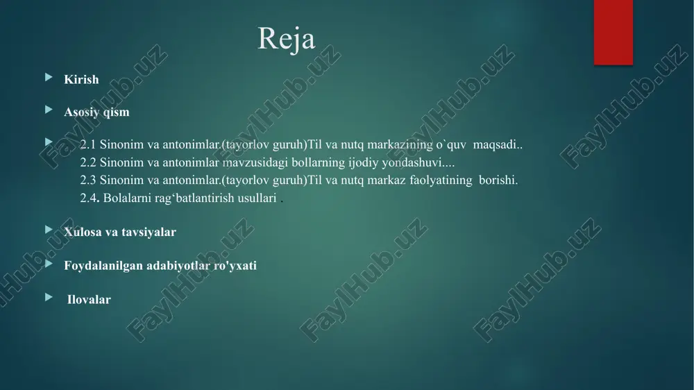 ojlantirish: sinonimlar va antonimlarni o‘rganish jarayonida bolalarga ijodiy fikrlashga undash. ularni bir so‘zning sinonim va antonimlarini topishda turli variantlarni ko‘rib chiqishga, yangi fikrlar yaratishga rag'batlantirish. 2. ijodiy yondashuv “so‘zlar do‘stmi yoki dushman?” o‘yini maqsad: sinonim va antonimlar orqali axloqiy tafakkurni shakllantirish. tarbiyalanuvchilarga ikki so‘z taqdim etiladi. masalan:"mehribon" – "achchiq“ "beg‘am" – "xavotirli""yorqin" – "xira" bolalar bu so‘zlar bir-biriga do‘stmi yoki qarama-qarshi/dushmanmi ekanini aniqlashadi va nega shunday deb o‘ylashganini tushuntirishadi. natija: tushunchani chuqurroq anglaydi, mantiqiy fikrlash, axloqiy baholash va mulohazali nutq shakllanadi. 2. “so‘zlar teatrlari” – mini sahnalashtirish maqsad: sinonim va antonimlarni nutqda qo‘llash va ijodiy ifodalash. har bir guruhga bir juft sinonim yoki antonim beriladi. masalan: quvnoq – shod / g‘amgin – xafa katta – ulkan / kichik – mitti guruh bu so‘zlar ishtirok etgan kichik hikoya yoki sahnacha tayyorlaydi va ijro etadi. natija: og‘zaki nutq rivojlanadi, ijodiy ifoda va jamoaviy ishlash ko‘nikmalari shakllanadi. 3. “sehrli so‘zlar to‘plami” maqsad: so‘z …