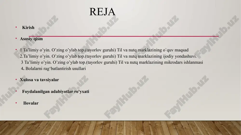 larning so'z boyligini kengaytirish. grammatikani mustahkamlash – tarbiyachilarga grammatik to'g'ri tuzilgan jumlalarni ishlatishni o'rgatish, til qoidalariga rioya qilishni rivojlantirish. rivojlantiruvchi maqsad: ijodiy fikrlashni rivojlantirish – tarbiyachilarni yangi so'zlar va iboralar bilan ishlash, hikoya yoki gaplar tuzishda ijodiy yondoshuvni qo'llashga rag'batlantirish. mantiqiy fikr yuritish qobiliyatini oshirish – tarbiyachilarga fikrlarini mantiqiy va izchil tarzda tuzish, nutqdagi mantiqiy bog'lanishni rivojlantirish. 2. ijodiy yondashuv “o‘zing o‘ylab top” ta’limiy o‘yinida 1. o‘yin orqali nutqni rivojlantirishda ijodkorlik: “o‘zing o‘ylab top” o‘yini bolalarning mustaqil fikrlashi, tasavvuri va og‘zaki nutqini rivojlantirish uchun keng imkoniyat yaratadi. ijodiy yondashuv shuni ta’minlaydiki, har bir bola o‘z fikrini bildirishda erkin bo‘lishi, o‘z so‘zini yangilik sifatida ifoda etishi mumkin. misol: bolaga harf yoki rasm ko‘rsatilganda, u nafaqat nomini aytadi, balki u bilan bog‘liq kutilmagan, kulgili yoki ertakona tasavvurlarni ham ayta oladi. masalan, “m” harfi bo‘yicha: “men makka donidan qahramon yasayman, u har kuni ertalab yuguradi va maktabga boradi.” 2. bolalar muallifga aylanadi: o‘yin …