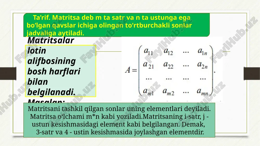 i oʻrinlashtirish va oʻrin almashtirishlarning xossalariga asosan, bu ta’rifdan 1) n -tartibli determinant n! ta hadning yig‘indisidan iborat; 2) bu yig‘indining har bir hadi matritsaning turli satrlari va turli ustunlarida joylashgan n ta elementi koʻpaytmasidan iborat; 3) yuqorida aytilgan koʻpaytmalarning yarmi ( n!/ 2 tasi) oʻz ishorasi bilan, qolgan yarmi qarama-qarshi ishora bilan olingan. image10.png image7.png image8.png image9.png image11.png image12.png image13.png image14.png image15.png image16.jpg image17.png image18.png image19.jpg image20.png image21.jpg image3.png image4.png /docprops/thumbnail.jpeg