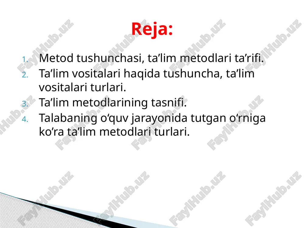 xarlamov). metod - o'quv maqsadiga erishish usuli bo'lib, u muayyan vositalardan foydalangan holda o'quvchilarning ijtimoiy tajribani o'zlashtirish uchun amaliy va kognitiv faoliyatini tashkil etadigan o'qituvchining izchil va tartibli harakatlari tizimidir (i.ya.lerner). ta'lim metodlari - bu o'qituvchi va talabalarning o'quv muammolarini hal qilishga qaratilgan birgalikdagi faoliyati usullari. ta’lim vositalari - o'qituvchilar va talabalar tomonidan yangi bilimlarni olish uchun foydalaniladigan moddiy yoki ideal obyektlar. ta’lim vositalari o'quvchilarning voqelik haqidagi bevosita va bilvosita bilimlarini osonlashtiradigan obyektlardir. ta’lim vositalarining tasnifi (ta'sir tabiati bo'yicha) vizual (vizual) audial(eshitish) audiovizual (vizual-eshitish) o'quv jarayonini qisman avtomatlashtirish 2. ta’lim vositalari haqida tushuncha, ta’lim vositalari turlari ta’lim vositalari tasnifi moddiy vositalar darsliklar, qo’llanmalar, jadvallar, modellar, maketlar, o'quv-texnik vositalar, o'quv-laboratoriya uskunalari va h,k, ideal vositalar mavhum timsollar ko'rinishidagi o'gzaki bayon etish og'zaki metodlar (bilimning manbai og'zaki yoki bosma so'zdir); vizual metodlar (bilimning manbai kuzatilgan obyektlar, hodisalar, ko'rgazmali qurollar); amaliy metodlar (talabalar amaliy harakatlarni bajarish orqali bilim oladi va ko'nikmalar hosil qiladi). …