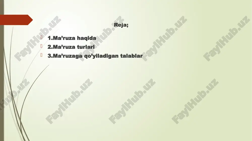 ditoriyaga mo’ljallangan,unda barcha ishtirokchilar faol ishtirok eta olishadi har bir ma’ruza turi o’zining maqsadi,auditoryasi va taqdimoti bilan bir biridan farq qiladi.bu turlar ma’ruzalarni yanada aniqroq yanada samarali qilishga yordam beradi ma’ruzaga qo’yiladigan talablar aniq va lo’nda ma’lumotlar; mavzu bilan tanishlilik; tizimli tuzilma [ma’ruza aniq tuzilishga ega bo’lishi kerak masalan kirish,asosiy qisim va xulosa] qiziqarli va faol auditoriya ishtiroki; mukammal nutq ma’daniyati; fikrlarni asoslash; vizuval yordamlar [slaydlar,diagrammalar,grafiklar] vaqtni samarali boshqarish; xulosa va tafsiyalar; savol-javob uchun vaqt ajratish; ma’ruzaga qo’yiladigan talablar nafaqat ma’ruzachining bilimiga,balki auditoriya bilan qanday muloqotda bo’lishiga ham bog’liq,samarali va tasirli ma’ruza tinglovchilarga kerakli ma’lumotlarni to’g’ri va aniq yetkazishga qaratilgan bo’lishi zarur. e’tibotingiz uchun raxmat tayyotladi;xudoyberdiyeva rayxona m24-ped-01magistrant /docprops/thumbnail.jpeg