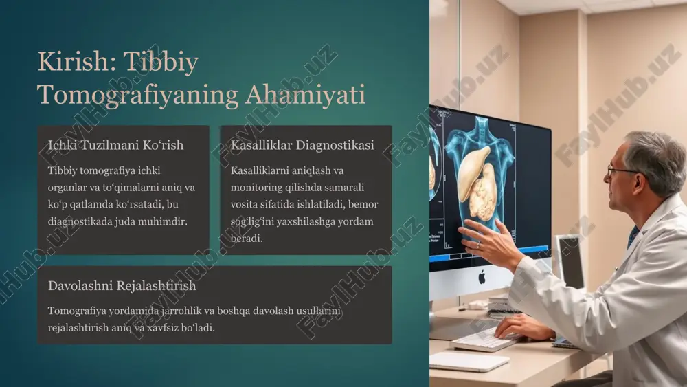 aolligini aniqlaydi. kasallikni erta aniqlash o‘sma va saraton hujayralarini erta bosqichda ko‘rsatadi. integratsiya mrt va kt bilan birgalikda ishlatiladi, aniq va funktsional ma’lumotlarni birlashtiradi. 6 kt va mrt afzalliklari va kamchiliklari: solishtirish usul afzalliklari kamchiliklari kt tezkor, arzon, suyaklar va qon ketish uchun yaxshi radiatsiya xavfi yuqori mrt yuquori aniqlik, yumshoq to‘qimalar uchun optimal, radiatsiyasiz qimmatroq va vaqt talab qiladi, ba'zi bemorlarga mos emas 7 pet va boshqa usullar: integratsiya birinchi bosqich pet ko‘pincha an'anaviy tasvirlash usullari bilan birlashtiriladi. diagnostika aniqligi funksional va anatomiya ma’lumotlarini bitta surish yordamida olish mumkin. qo‘llanilishi saraton kasalligini erta aniqlash va tarqalishini kuzatishda yuqori samaradorlik. 8 tibbiy tomografiyaning kelajagi sun’iy intellekt ai yordamida tasvirlarni avtomatik tahlil qilish, diagnostik aniqlikni oshirish uchun texnologiyalar rivojlanishi yangi tasvirlash usullari, kam radiatsiya va tezkor natijalar. kelajakdagi ilovalar o‘sma aniqlash, davolashni individualizatsiyalash va monitoring qilish imkoniyatlari kengaymoqda. 9 xulosa diagnostikada muhim vosita tibbiy tomografiya turli kasalliklarni aniq diagnostika qilishda ajralmas …