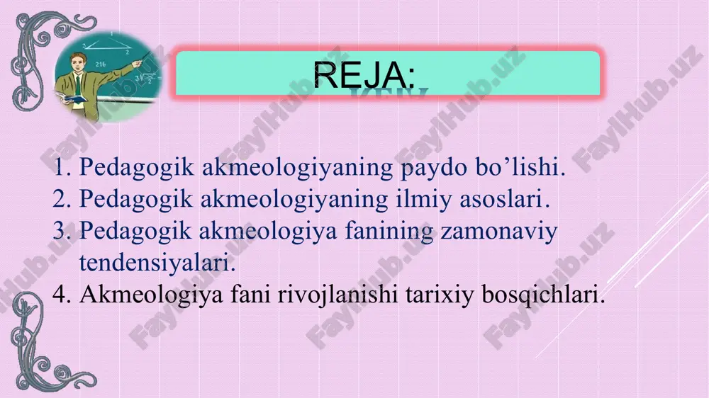 h darajasiga ham bog‘liqdir. pedagogik akmeologiyaning mohiyati pedagogik akmeologiya pedagogning mehnat faoliyatida professionallikka erishishning yo‘llari haqidagi fandir. uning mohiyati pedagog tomonidan boshqa kishilar shaxsini tarkib toptirishga insonparvar yo‘naltirilgan yuksak darajadagi professionallikka erishish yo‘llarini aniqlashdan iboratdir. faoliyat pedagogik faoliyat ko‘p funksional bo‘lib, u o‘z tarkibiga yo‘nalishlariga mos tarzda turli vazifalarni qamrab oladi: ta’limiy, rivojlantiruvchi, tarbiyaviy; diagnostika qiluvchilik, korreksiya qilish; maslahat berish, boshqarish, tashkil qiluvchilik; refleksiv, mustaqil ta’lim oluvchilik va boshqalar. masalan sinergetik akmeologiya yetakchi faylasuf olim xatima shayxova bu borada: «akmeologiya – zamonaviy yangi fan. uning muhim vazifasi muayyan kasb-korlikning yuksak pog‘onaga ko‘tarilishidagi turli jihatlarini o‘rganishdir. akmeologiyaning mazmun-mohiyati – insonning har bir kasb-hunarni bilim orqali chuqur egallashi, uning jamiyat rivoji, millat ravnaqi, turmush farovonligi hamda ijtimoiy taraqqiyotning iqtisodiy, siyosiy, ma’naviy-huquqiy jihatlariga ijobiy ta’sirini kuchaytirishga xizmat qilishini chuqur anglashi, o‘z ijodiy faoliyatini, kasb-hunar sohasidagi burch va mas’uliyatini ado etishga sarflash maqsadida mukammallik va kamolotga erishishni o‘rganishdan iborat», deydi. yunonlar, insonning nimagaki qodir …