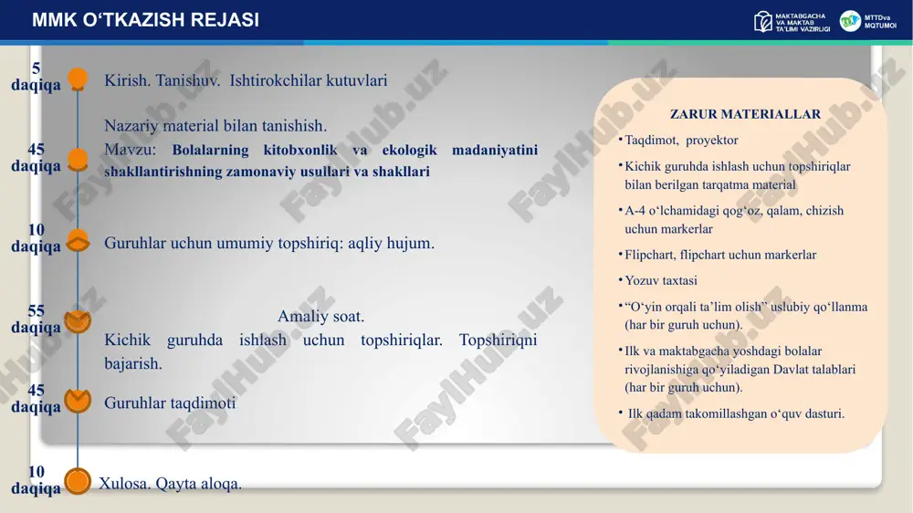 s bog‘liq. axborot va bilimlarni saqlash, yetkazish vositasi sifatida kitoblar uzoq davrlar davomida turli shakllarda bo‘lgan. 4-metodik mahorat kuni: kitob tarixi va inson. pergament va ilk qo‘lyozmalar (mil. avv. 2-ming yillik – mil. 5-asr) pergament (hayvon terisidan tayyorlangan yozuv materiali) papirusga nisbatan bardoshli bo‘lib, yunon va rimliklar tomonidan keng qo‘llanilgan. rimliklar kodeks shaklidagi kitoblarni ishlab chiqdi, bu esa varaqlanadigan kitoblarning asosini yaratdi. qo‘lyozma kitoblar (5–15-asrlar) o‘rta asrlarda kitoblar monastirlarda qo‘lda ko‘chirilgan. islom dunyosida ham kitob yozish va tarqatish ancha rivojlangan bo‘lib, bag‘dod va kordova kabi shaharlarda katta kutubxonalar tashkil etilgan. kitob tarixi insoniyat sivilizatsiyasining rivojlanishi bilan chambarchas bog‘liq. axborot va bilimlarni saqlash, yetkazish vositasi sifatida kitoblar uzoq davrlar davomida turli shakllarda bo‘lgan. 4-metodik mahorat kuni: kitob tarixi va inson. bosma kitoblarning paydo bo‘lishi (15-asr) 1440-yillarda johannes gutenberg harf terish usuliga asoslangan bosmaxona texnologiyasini ixtiro qildi. bu kitob ishlab chiqarishni keskin tezlashtirib, bilimlarning keng tarqalishiga imkon yaratdi. kitob sanoatining rivojlanishi (18–21-asrlar) …