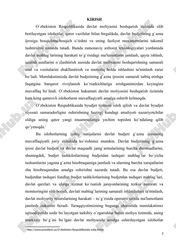 rishni nazarda tutadi. bu esa davlat budjeti, budjetdan tashqari fondlar, budjet tashkilotlarining budjetdan tashqari mablag`lari, davlat qarzlari va ularga xizmat ko`rsatish jarayonlarining tezkor nazorati va monitoringini olib borish, davlati mablag`larining samarali ishlatilishini ta'minlash, davlat moliyaviy resurslarining harakati – to`g`risida operativ tarzda ma'lumotlami jamlash imkonini beradi. taraqqiyotimizning bugungi sharoitida mamlakatimiz iqtisodiyotida sodir bo`layotgan tarkibiy o`zgarishlar butun moliya tizimida, uning markaziy bo`g`ini bo`lgan davlat moliyasida amalga oshirilayotgan islohotlar davlat moliyasini boshqarish masalalarida muayyan bilim va ko`nikmalarga ega bo`lish zarurligini talab qilmoqda. bunday sharoitda nafaqat davlat moliyasi haqidagi ma'lum nazariy bilimlarga ega bo`lgan, balki davlat budjeti g`azna ijrosi jarayonlarida vujudga keladigan holatlarni tushuna oladigan, budjet ijrosi ishtirokchilari bo`lgan moliya organlari, g`aznachilik bo`linmalari, budjet tashkilotiari va budjetdan mablag` oluvchilar amaliy faoliyatini samarali tashkil qila oladigan, davlat mablag`larini samarali boshqarishga qaratilgan boshqarav qarorlarini qabul qila oladigan zamonaviy mutaxassislar tayyorlash birinchi darajali ahamiyatga egadir. shu sababli davlatmoliyasi uchun tashabbuskor, ijodiy fikrlaydigan mutaxassis kadrlarni tayyoriashda budjet-moliya va …