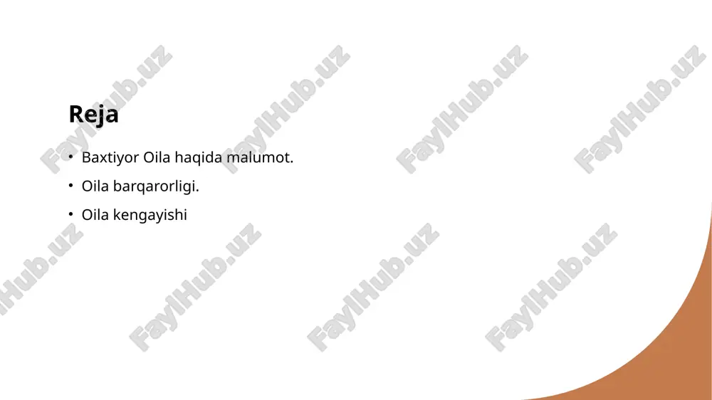 am aloqalarni shakllantiradi va baxtni kuchaytiradi. 03 oila va jamiyat oila jamiyatning asosiy birligi sifatida, uning baxtiyorligi jamiyatning barqarorligini ta'minlaydi va ijtimoiy ko'rsatkichlarni yaxshilaydi. 04 muloqot ahamiyati o'zbek oilalarida ochiq muloqot baxtni saqlashda muhimdir, chunki u muammolarni hal qilish va hissiy bog'lanishni kuchaytiradi. baxtiyor oilaning kelajagi: oila kengayishi va uning ahamiyati 01 oila kengayishi oila kengayishi, yangi avlodning tug'ilishi va oila a'zolarining ko'payishi orqali oilaning kuchini oshiradi, madaniy merosni saqlashda muhim ahamiyatga ega. 02 ijtimoiy ahamiyati oila kengayishi, jamiyatda ijtimoiy barqarorlikni ta'minlaydi. kengaygan oilalar ko'proq ijtimoiy resurslarga ega bo'ladi va o'zaro yordamni kuchaytiradi. 03 oila va madaniyat oila kengayishi, an'anaviy qadriyatlar va madaniyatni saqlab qolishda yordam beradi. bu, yosh avlodga milliy urf-odatlarni o'rgatishda muhim rol o'ynaydi. oila barqarorligining asosiy omillari va ularning ahamiyati. 1 oila a'zolari roli oila barqarorligida har bir a'zoning o'z o'rni bor. oila a'zolari bir-biriga yordam berish va qo'llab-quvvatlash orqali mustahkamlikni ta'minlaydi. 2 ijtimoiy aloqalar oila ichidagi …