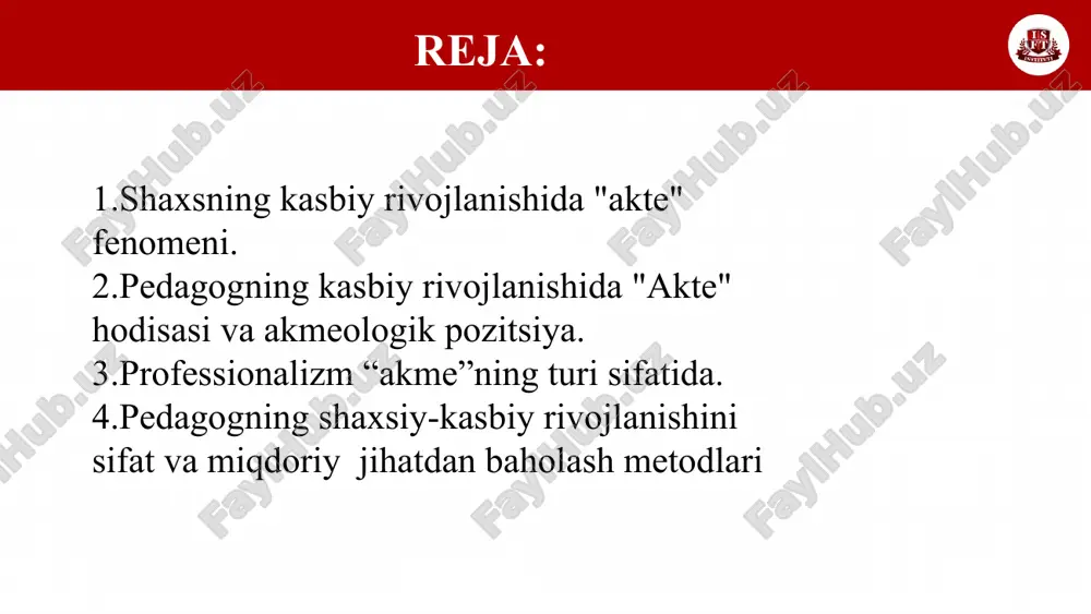 safarbar etish, ro‘yobga chiqarish, imkoniyatlarini maksimal tarzda namoyon etish, hayotining muayyan bosqichida ortiqcha zo‘riqishlarsiz, inson imkoniyatlarining chegarasidan o‘tmagan holda yutuqlarga erishishni ta’minlaydigan psixik holatdir. inson tomonidan eng yuqori cho‘qqilarga erishishning shakli sifatida kasbiy “akme” b.g.ananev, a.a.bodalev, a.a.derkach, ye.a zazikin, ye.a.klimov, n.v.kuzmina, a.k.markovalar tomonidan o‘rganilgan va tavsiflab berilgan. ijtimoiy tarbiya- kasbiy “akme” – muayyan vaqt oralig‘idagi shaxsning kasbiy rivojlanishining kulminatsiyasi, eng qaynoq nuqtasidir. b.g.anaev kulminatsiya deganda, inson tomonidan o‘zi uchun eng qadrli narsalarni ijod qilishda yuksak samaradorlikka erishish davrini tushunadi. kulminatsiyaning bosqichlari esa, b.g.ananevning fikricha, vaqt, faoliyat, kasbiy tayyorgarlik metodlariga bog‘liq bo‘ladi. professionalizm o‘z ichiga kishining yuqori darajadagi mehnat samaradorligiga erishishi, boshqalar bilan o‘zaro ta’sir jarayonida kasbiy faoliyatni muvaffaqiyatli bajara olishi, mehnat kishisiga xos bo‘lgan muhim kasbiy sifatlarning mavjudligini qamrab oladi. shuning uchun ham professionalizm mehnat faoliyatining uchta tomonini – kasbiy faoliyat, kasbiy muloqot va mutaxassis shaxsini o‘z ichiga oladi. kasbiy faoliyat – kishining ijtimoiy va shaxsiy, moddiy va ma’naviy ehtiyojlarni …