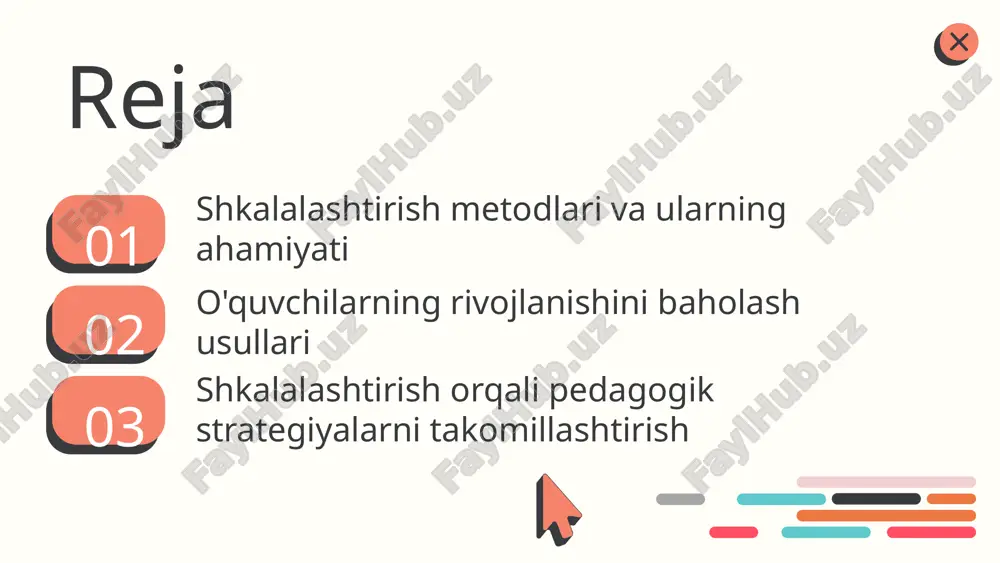 inlaydi, lekin individual yondashuvni yo'qotishi mumkin. amaliyotda shkalalashtirishni qo'llash o'qituvchilar shkalalashtirish metodlarini qo'llashda ko'plab misollarni keltirishi mumkin. masalan, talabalar bilimini baholash uchun 5 balli tizimdan foydalanish. bu metodning afzalliklari shundaki, u talabalarni o'z bilimlarini yaxshilashga rag'batlantiradi va o'qituvchiga har bir talabani individual ravishda baholash imkonini beradi. biroq, shkalalashtirish metodlarining ba'zi kamchiliklari ham mavjud. ba'zan bu tizim talabalar o'rtasida raqobatni oshirishi mumkin, bu esa stressni keltirib chiqaradi. o'quvchilarning rivojlanishini baholash metodlari o'quvchilarning rivojlanishini baholashda bir necha asosiy metodlar mavjud. ushbu metodlar quyidagilarni o'z ichiga oladi: 1. **nazorat usullari:** bu usullar o'quvchilarning bilim va ko'nikmalarini baholashda muhim ahamiyatga ega. nazorat usullariga dars davomida olib boriladigan og'zaki va yozma nazoratlar, shuningdek, muntazam ravishda o'tkaziladigan imtihonlar kiradi. bu usullar o'quvchilarning o'zlashtirish darajasini aniqlashda yordam beradi. 2. **testlar:** standart testlar o'quvchilarning bilimlarini baholash uchun keng tarqalgan usuldir. ular o'quv dasturi asosida yaratiladi va o'quvchilarning ma'lum bir mavzudagi bilim darajasini o'lchaydi. testlar oson analitik ma'lumotlarni taqdim …