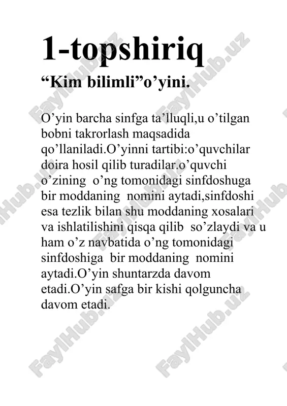 riy argon kaliy oltin brom kumush kalsiy temir neon simob 11-topshiriq “enerjayzer” 6 ta o’quvchi chiqariladi. 6 ta o’quvchi uch bo’g’inli bo’lib olib, bir o’quvchi sinfdan tashqariga chiqariladi va 6 o’quvchi bo’g’inli bunda bir so’z tanlanib, bo’g’inlarga bo’lib so’zlarni birdaniga aytishadi. o’quvchi so’zni topishi kerak. masalan: dis-sot-si-at-la-nish ar-re-ni-us e-lek-tro-lit kons-tan-ta 5-topshiriq 12-topshiriq “meni to’ldir”. bunda klaster ichiga so’zga mos,gaplar yozish kerak bo’ladi. siklo- alkanlar 13- topshiriq. “men kimman” ta’riflar keltiriladi,shundan foydalanib nima haqida gap ketayotgani topiladi. reaksiya tezligi moddalarning suv ta’sirida ionlarga ajralishi diffuziya vaqt birligi ichida modda konsentratsiyasining o’zgarishi elektroliz elektr toki ta’sirida suyuqlanmada yoki eritmada boradigan oksidlanish qaytarilish jarayoni gidroliz bir molekula atomlarining boshqa bir modda molekulalari orasiga tarqalishi 14-topshiriq “kim ko’p yozadi” bunda mavzuga oid lug’atlar yozish. 15-topshiriq “damino” bunda kvadrat kartochkalarni ikkiga bo’lib, chiziq tortiladi. bir qismida savol, bir qismida javob yoziladi. savolning javobi boshqa o’qiydi o’quvchi javob beradi. masalan: \ javob pentanda 3 ta izomeri …