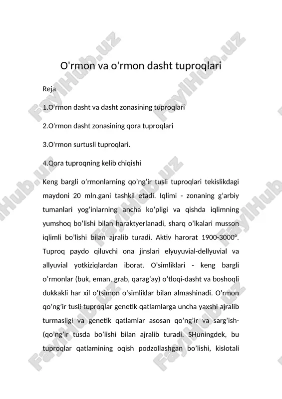 ivlashuvi natijasida ikkilamchi minyerallar hosil bo’ladi. keng bargli o’rmon qo’ng’ir tusli tuproqlari quyidagi tipchalarga bo’linadi: 1) tipik o’rmon qo’ngir tusli tuproq,2) podzollashgan, 3) gleyli, 4) gleyli-podzollashgan o’rmon qo’ng’ir tusli tuproqlar. gumus miqdoriga ko’ra: syergumus (>8%, o’rtacha gumusli (3-8%), kam gumusli; gumus qatlami qalin ligiga kura: qalin kavatli (a > 30 sm), o’rtacha qalinligi (20-30 sm), qalinligi kam ( 120)sm); qalin (120-80 sm), o’rtacha qalinlikdagi (80-40 sm), kam qalinlikdagi (40-25sm), juda kam qalinlikdagi (yupqa) ( 9), o’rtacha gumusli (9-6) oz gumusli (6-4) va juda oz gumusli (4% dan kam) qora tuproqlarga ajratiladi; ishqorsizlanish darajasiga ko’ra; kam, o’rtacha, kuchli, sho’rtoblanish darajasiga ko’ra: kam, o’rtacha, kuchli. 3. o’rmon dasht zonasining qora tuproqlari: podzollashgan ishqorsizlangan, tipik; dasht zonasining qora tuproqlari; oddiy va janubiy podzollashgan qora tuproqning morfologik belgilaridagi eng muhim farq- ular gumusli qatlamida podzollanish jarayonining qoldiq alomatlarini ifodalovchi kremnezemning kukunsimon, oqish sochilmalarining bo’lishidir. ishqorsizlangan qora tuproqlar farqi, uning gumusli qatlamida krsmnezemning kukunsimon sochilmalari, …