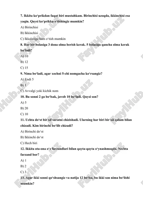 ) o‘rta 15. birona yirik o‘rta kiyinishni boshlang, lekin rasmiy xat yozmoqchi. bu o‘quvchilarga qanday yordam beradi? a) o‘rinli o‘rnatilmaydi b) o‘qituvchi qiyinliklarni hal qiladi c) xatni turli shakllarda tuzish mumkin 16. agar ikki to‘p teng og‘irlikda bo‘lsa, ulardan biri yengil yoki qiyin bo‘ladi. nima kerak? a) to‘plarni joylashtirishga yordam bering b) to‘plar kabi ma’lumotlar ko‘rsating c) testni aniqlang 17. ikkinchi o‘rindagi qo‘lga yetkazib qarash uchun qanday tanlovlar mavjud? a) maqsadni aniqlash b) mazkur imkoniyatga ko‘ra qaratilgan javoblar c) savollar tanlanadi 18. birinchi baholanadigan yig‘ish do‘koniga yana quyidagi savolni toping: a) bo‘sh orolda davom eting b) tez-tez tekshirish kerak c) javobni kuzating 19. agar dasturdan so‘ralsa, kerakli masalani bajarish uchun yordam bor! a) qayta boshlashni amalga oshirganingizda b) savollarni qayta o‘qish kerak c) testni qayta tanlang 20. agar qo‘shib, boshqacha natija olish mumkin bo‘lsa, qanday ishni ko‘rsatish kerak? a) yangilash b) qaytarganlik c) tashqi tartibni 21. nimaga teng 2 bo‘lgan …