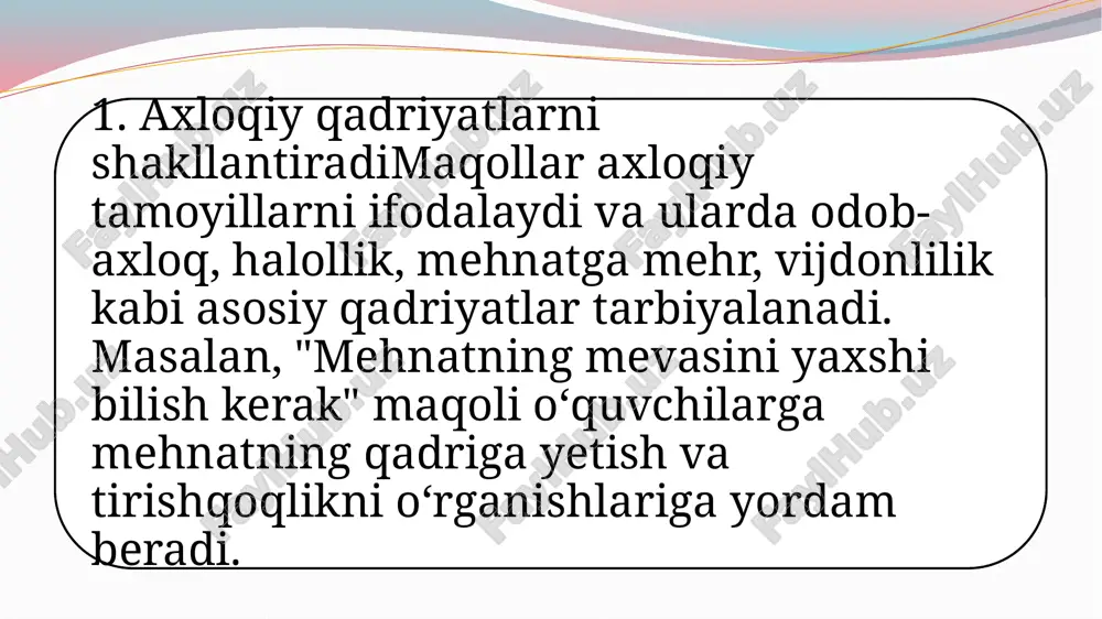qollar faqat milliy emas, balki xalqaro madaniyatning ham aksidir. ular o‘quvchilarga o‘z xalqining qadriyatlarini, urf-odatlarini o‘rganishga, shuningdek, boshqa madaniyatlarni ham hurmat qilishni o‘rgatadi. bu, o‘z navbatida, ijtimoiy munosabatlar va madaniyatlararo tushunishni rivojlantiradi. 5. zaruriy hayotiy ko‘nikmalarni o‘rgatadimaqollar kishiga muammolarni qanday hal qilishni, to‘g‘ri qarorlar qabul qilishni, vaqtni samarali boshqarishni o‘rgatadi. misol uchun, "tirishqoqning ko‘zi nur" maqoli o‘quvchilarga mehnatsevarlik va qat’iyatlilikni qadrlashni o‘rgatadi. 6. nutq va tilni rivojlantiradi maqollar o‘ziga xos stil va leksika bilan ifodalangan bo‘lib, o‘quvchilarning nutqini boyitadi. maqollarni o‘qish va ularga izoh berish o‘quvchilarni yaxshi so‘zlashga, adabiy tilni tushunishga va bayon qilish qobiliyatini rivojlantirishga yordam beradi. 7. milliy va etnik qadriyatlarni saqlash va rivojlantirishmaqollar xalqning tarixiy, madaniy va diniy qadriyatlarini ifodalaydi. ular o‘quvchilarga milliy identitetni saqlash, o‘z tarixini bilish va hurmat qilishni o‘rgatadi. masalan, "yurtni sevgan, erini sevgan" maqoli vatanparvarlikni shakllantiradi. xulosa:maqollar o‘quvchilarga nafaqat hayotda muvaffaqiyatga erishish uchun kerakli bilim va ko‘nikmalarni, balki to‘g‘ri axloqiy tamoyillarni ham o‘rgatadi. …