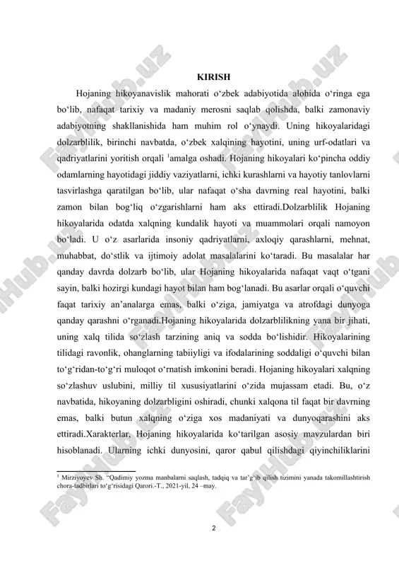 ilidagi ravonlik, ohanglarning tabiiyligi va ifodalarining soddaligi o‘quvchi bilan to‘g‘ridan-to‘g‘ri muloqot o‘rnatish imkonini beradi. hojaning hikoyalari xalqning so‘zlashuv uslubini, milliy til xususiyatlarini o‘zida mujassam etadi. bu, o‘z navbatida, hikoyaning dolzarbligini oshiradi, chunki xalqona til faqat bir davrning emas, balki butun xalqning o‘ziga xos madaniyati va dunyoqarashini aks ettiradi.xarakterlar, hojaning hikoyalarida ko‘tarilgan asosiy mavzulardan biri hisoblanadi. ularning ichki dunyosini, qaror qabul qilishdagi qiyinchiliklarini tasvirlash, ayniqsa dolzarblikni yuzaga chiqaradi. hojaning xarakterlari o‘zlarining oddiyligi, tabiiyligi va haqiqatga yaqinligi bilan ajralib turadi. bu xarakterlar o‘quvchiga o‘zini tanish va hayotdan o‘rin olgan qahramon sifatida ko‘rsatadi. ular faqat o‘zlarining shaxsiy muammolarini hal qilishga intilibgina qolmay, balki ular o‘z jamiyatlarida yuzaga kelgan katta muammolarni, ijtimoiy adolatni, mehnatni, mas’uliyatni va boshqa masalalarni ko‘tarib chiqadilar. bunday xususiyatlar hikoyalarning dolzarbligini ta’minlaydi, chunki ular nafaqat o‘sha davr, balki zamonaviy jamiyat uchun ham muhim bo‘lgan masalalarni ko‘taradi.hojaning hikoyalaridagi dolzarblilik, shuningdek, uning tarixiy konteksti va an’anaviy qadriyatlar bilan bog‘liq. hojaning asarlari xalqning qadriyatlari, …