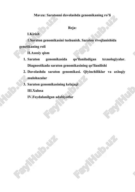 a olib keladigan mutatsiyalar va o'zgarishlarni aniqlashlari mumkin. bu soha saraton haqidagi tushunchamizni tubdan o‘zgartirib, aniqroq diagnostika vositalari va maqsadli davolash usullariga olib keldi. saraton genomikasini tushunish. saraton rivojlanishida genetikaning ro’li saraton genomikasidagi asosiy tushunchalar 1-jadval asosiy tushunchalar tavsif genetik mutatsiyalar hujayralarni saratonga olib kelishi mumkin bo'lgan dnkdagi o'zgarishlar. bular inson hayoti davomida meros bo'lishi yoki sotib olinishi mumkin. keyingi avlod ketma-ketligi (ngs) saraton hujayralaridagi genetik mutatsiyalar haqida batafsil ma'lumot beruvchi butun genomni tez ketma-ketlashtirish imkonini beruvchi texnologiya. biomarkerlar qon, boshqa tana suyuqliklari yoki to'qimalarda topilgan biologik molekulalar normal yoki g'ayritabiiy jarayon yoki holat yoki kasallikning belgisi bo'lishi mumkin. shaxsiylashtirilgan tibbiyot kerakli vaqtda to'g'ri odam uchun to'g'ri terapevtik strategiyani moslashtirish uchun shaxslarning fenotiplari va genotiplari (masalan, molekulyar profillar, tibbiy tasvirlar, turmush tarzi ma'lumotlari) tavsifidan foydalanadigan tibbiy model. saraton genomikasi: saratonni o‘rganishdagi genetik yondashuvlar saraton genomikasi — bu saraton kasalligini o‘rganish va uning sabablarini aniqlashda genetik, molekulyar va epigenetik o‘zgarishlarning rolini …