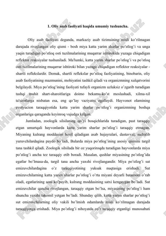 g katta yarim sharlar po’stlog’i o’rta miyani deyarli batamom o’rab oladi, egatlarining soni ko’payib, kulrang moddasining satxi kengaygan bo’ladi. sut emizuvchilar qancha rivojlangan, taraqqiy etgan bo’lsa, miyasining po’stlog’i ham shuncha yaxshi takomil yetgan bo’ladi. shunday qilib, katta yarim sharlar po’stlog’i sut emizuvchilarning oliy vakili bo’lmish odamlarda misli ko’rilmagan darajada taraqqiyotga erishadi. miya po’stlog’i nihoyatda zo’r taraqqiy etganligi munosabati bilan odam xulq-atvor va ong nuqtai nazaridan boshqa sut emizuvchilar oldida sifat tomonidan tubdan farq qiladigan darajaga ko’tarilgan. demak, evolyutsion taraqqiyotning ma'lum bir bosqichida hayvonot olamining tegishli vakillarida miya po’stlog’ining paydo bo’lishi, keyinchalik esa uning tegishlicha rivojlanib borishi organizm funksiyalarining markaziy asab tizimsi boshqa qismlari bilan bir qatorda miya po’stlog’i tomonidan ham boshqarilishini taqozo qilgan, funksiyalar kortikalizatsiyasi yuz bergan, ya'ni funksiyalar miya po’stlog’iga bog’liq bo’lib qolgan. miya po’stlog’i tashqi muhit bilan bevosita boglanmasdan, balki markaziy asab tizimsining qo’yi qismlari orqali aloqada bo’lib turadi. tashqi muhitdan keladigan ta'sirotlar muayyan asab tolalari orqali markaziy …