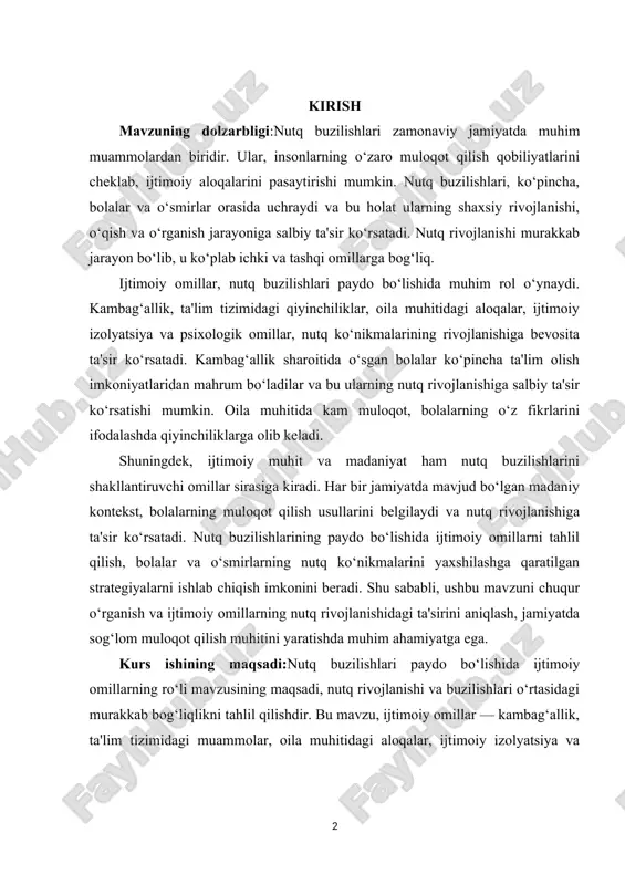 olalarning o‘z fikrlarini ifodalashda qiyinchiliklarga olib keladi. shuningdek, ijtimoiy muhit va madaniyat ham nutq buzilishlarini shakllantiruvchi omillar sirasiga kiradi. har bir jamiyatda mavjud bo‘lgan madaniy kontekst, bolalarning muloqot qilish usullarini belgilaydi va nutq rivojlanishiga ta'sir ko‘rsatadi. nutq buzilishlarining paydo bo‘lishida ijtimoiy omillarni tahlil qilish, bolalar va o‘smirlarning nutq ko‘nikmalarini yaxshilashga qaratilgan strategiyalarni ishlab chiqish imkonini beradi. shu sababli, ushbu mavzuni chuqur o‘rganish va ijtimoiy omillarning nutq rivojlanishidagi ta'sirini aniqlash, jamiyatda sog‘lom muloqot qilish muhitini yaratishda muhim ahamiyatga ega. kurs ishining maqsadi:nutq buzilishlari paydo bo‘lishida ijtimoiy omillarning ro‘li mavzusining maqsadi, nutq rivojlanishi va buzilishlari o‘rtasidagi murakkab bog‘liqlikni tahlil qilishdir. bu mavzu, ijtimoiy omillar — kambag‘allik, ta'lim tizimidagi muammolar, oila muhitidagi aloqalar, ijtimoiy izolyatsiya va psixologik faktorlar — nutq ko‘nikmalarining shakllanishi va rivojlanishiga qanday ta'sir ko‘rsatishini o‘rganishni nazarda tutadi. maqsad, bu omillarni aniqlash va ularning nutq buzilishlariga olib keluvchi mexanizmlarini tushunishdir. kurs ishining vazifasi:nutq rivojlanishi jarayonida ijtimoiy muhitning ahamiyatini ko‘rsatish va bolalar, …