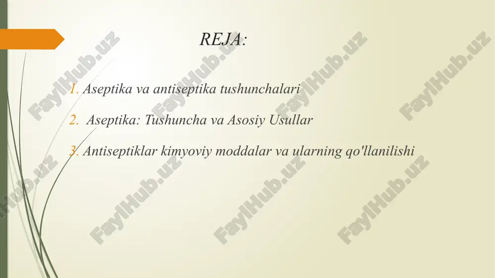 yuviladi yoki jarohat yuzasiga antisep-tik mazlar (mas, a. v. vishnevskiy mazi) surtiladi. chuqur a.da esa avj olayotgan jarohat atrofidagi teri ostiga anti-septik suyuqliklar (furatsilin, riva-nol va boshqa eritmalar), teri osti, muskul orasi yoki venaga antibiotiklar singari antiseptik moddalar yuboriladi. ikkala holda ham mikroblar yo oʻldiriladi yoki ularning hayot faoliya-ti uchun noqulay sharoit tugʻdiriladi. hozir mexaniq fi-zik, kimyoviy va biologik a. usullari mavjud. a. jarrohlik davo usulining ajralmas tarkibiy qismidir. aseptika va antiseptika — bu sog'liqni saqlash va tibbiyotda infeksiyalarni oldini olish va ularni boshqarish uchun ishlatiladigan usullar. aseptika: aseptika — mikroblar va boshqa zararlangan moddalar bilan kontaktni oldini olish uchun ishlatiladigan usullar tizimi. bu usul kasalliklarning tarqalishini to'xtatish uchun jarrohlik, tibbiy uskunalar va boshqa muhitlarni toza va mikrobsiz holatda saqlashni maqsad qiladi. asosiy vositalar: sterilizatsiya, toza muhit yaratish, qo'lda gigiyena (masalan, qo'llarni yuvish), va operatsion maydonni tozalash. antiseptika: antiseptika — yuqumli mikroblarni o'ldirish yoki ularning ko'payishini to'xtatish uchun kimyoviy moddalar …