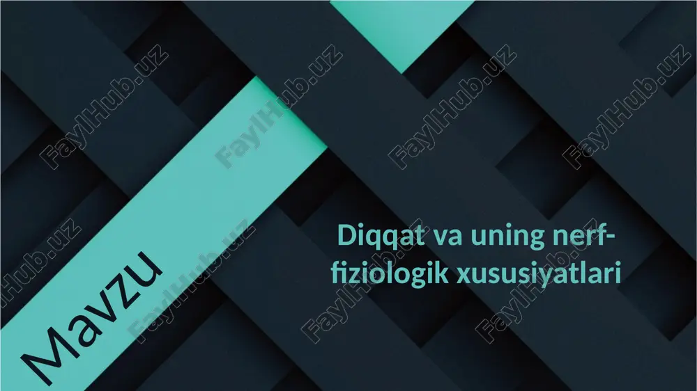 a nutqning roli g’oyat kattadir. ixtiyoriy diqqat har doim ixtiyorsiz diqqat bilanalmashinib turadi. image1.emf ____________microsoft_powerpoint1.pptx image2.jpeg image3.jpeg image4.jpeg image5.jpeg image6.jpeg image7.jpeg image8.jpeg /docprops/thumbnail.jpeg mavzu:diqqat va uning nerv-fiziologik asoslari mavzu: diqqat va uning nerv-fiziologik asoslari reja: diqqat haqida tushuncha diqqatning fiziologik mexanizmlari diqqat turlari diqqatning asosiy xususiyatlari diqqat deb ongimizni bir nuqtaga to’plab, ma’lum narsa va hodisalarga faol yo’naltirilishiga aytiladi. diqqat sezish jarayonida, idrok qilishda, xotira, hayol va tafakkur jarayonlarida har doim ishtirok etadi. demak, diqqat barcha aks ettirish jarayonlarimizning doimiy yo’ldoshidir. diqqat inson faoliyatining barcha turlarini muvaffaqiyatli amalga oshirishning va ularni samaradorligini ta’minlovchi muhim shartlardan biridir. kishi faoliyati qanchalik murakkab, serzahmat, davomiylik jihatdan uzoq muddatli , mas’uliyat hissini taqozo qilsa, u diqqatga shunchalik yuksak shartlar va talablar qo’yadi. inson ziyrakligi, farosatliligi, tez payqashi, sinchkovligi, dilkashligi uningturmush sharoitida, shaxslararo munosabatida muhim omil sifatida xizmat qiladi. diqqat aqliy faoliyatning barcha turlarida ishtirok etadi, insonning xattiharakatlari ham uning ishtirokida sodir bo’ladi. psixologiya fanida …