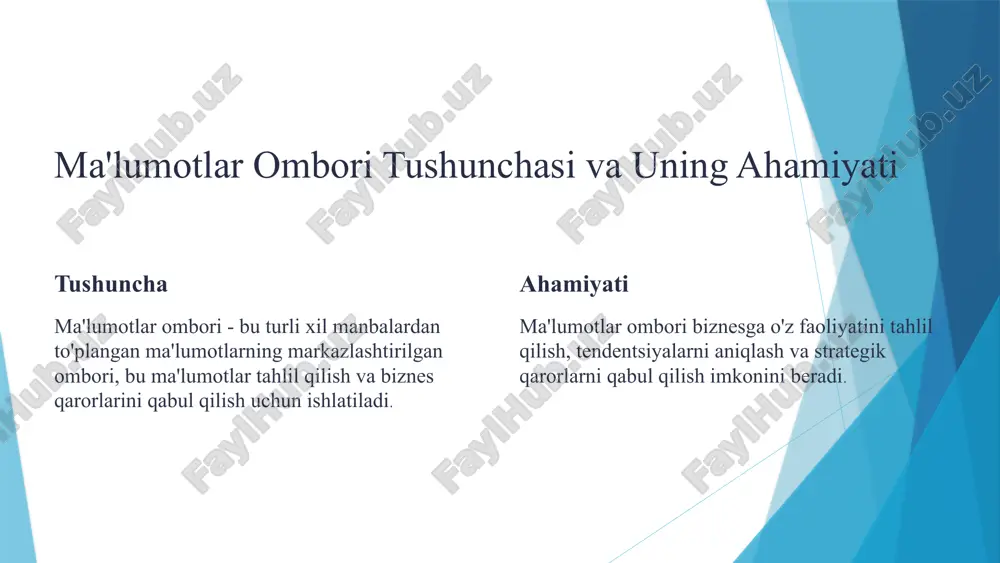 ish. xavfsizlik ma'lumotlar omboriga ruxsatsiz kirishni oldini olish. 5 ma'lumotlar omboridan foydalanish usullari va ularning afzalliklari tahlil qilish faoliyatni tahlil qilish, tendentsiyalarni aniqlash, mijozlar xatti-harakatlarini tushunish. hisobotlar biznes ma'lumotlarini taqdim etish, qarorlarni qabul qilishni osonlashtirish. bashorat qilish kelajakdagi tendentsiyalarni bashorat qilish, strategik qarorlarni qabul qilish. avtomatlashtirish vazifalarni avtomatlashtirish, samaradorlikni oshirish, xarajatlarni kamaytirish. 6 ma'lumotlar omborining asosiy foydalanuvchilar turlari va ularning vazifalari biznes tahlilchisi ma'lumotlarni tahlil qilish, biznes muammolarini hal qilish, qarorlarni qabul qilish. dasturchi ma'lumotlar omborini ishlab chiqish, boshqarish va texnik qo'llab-quvvatlash. bo'lim rahbari o'z bo'limining faoliyatini tahlil qilish, samaradorlikni oshirish, qarorlarni qabul qilish. marketing bo'limi mijozlar xatti-harakatlarini tahlil qilish, marketing kampaniyalarini optimallashtirish. moliya bo'limi moliyaviy ma'lumotlarni tahlil qilish, moliyaviy hisobotlarni tuzish. 7 ma'lumotlar omboridan samarali foydalanish uchun zarur bo'lgan kasbiy kompetentliklar 1 ma'lumotlar tahlili ma'lumotlarni tahlil qilish, vizualizatsiya qilish va xulosalar chiqarish. 2 axborot texnologiyalari mbbt, etl, hisobotlar va tahlil qilish dasturlari bilan ishlash. 3 biznes tushunchasi biznes ehtiyojlarini …