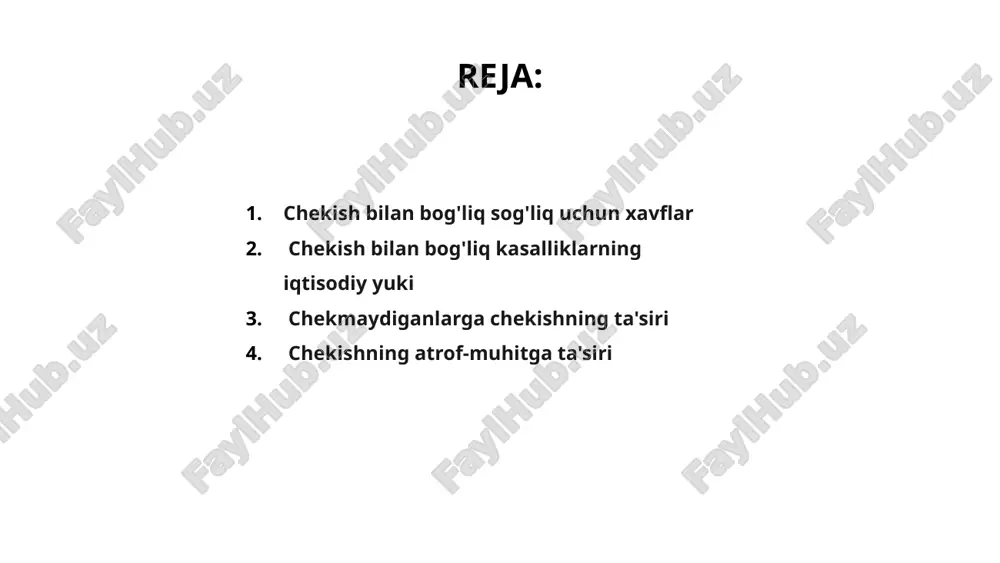 loq o'limi sindromini rivojlanish xavfi ostida. bolalar, ayniqsa, chekish ta'siriga nisbatan zaifdir. chekmaydiganlarni chekishning salbiy oqibatlaridan himoya qilish uchun jamoat joylari va uylarda tutunsiz muhit yaratish juda muhimdir. ikkilamchi tutun ta'sirini kamaytirish orqali biz hamjamiyatimizning umumiy salomatligi va farovonligini yaxshilashimiz mumkin. 4. chekishning atrof-muhitga ta'siri 01 chekishning salbiy oqibatlari atrof-muhitga ham taalluqlidir. sigaret qoldiqlari axlatning eng keng tarqalgan shakllaridan biri bo'lib, parchalanishi uchun yillar kerak bo'ladi. 02 chekish atmosferaga zaharli kimyoviy moddalarni chiqarish orqali havoning ifloslanishiga hissa qo'shadi. bu o'simliklar va hayvonlarga zarar etkazishi, ekotizimlar muvozanatini buzishi mumkin. 03 tamaki ishlab chiqarish va etishtirish ham atrof-muhitga zararli ta'sir ko'rsatadi. o'rmonlarni kesish va pestitsidlardan keng foydalanish tamaki etishtirishning atrof-muhitga ta'siridan biridir. 5. chekuvchilar duch keladigan ijtimoiy stigma va diskriminatsiya 01 chekuvchilar ko'pincha chekish bilan bog'liq salbiy tasvir tufayli ijtimoiy stigma va kamsitishlarga duch kelishadi. ular hukm qilinishi va ijtimoiy doiralardan yoki professional imkoniyatlardan chetlashtirilishi mumkin. 02 bu kamsitish chekuvchilar orasida izolyatsiya …