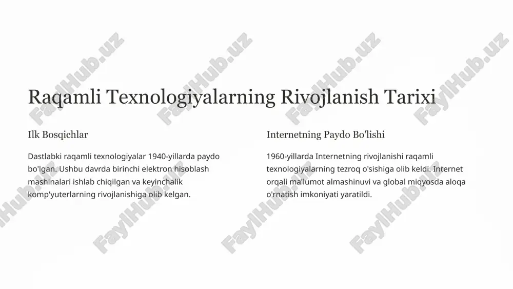 li shaharlar shahar infrastrukturasini optimallashtirish va xizmatlarni takomillashtirish. 4 sanoat 4.0 ishlab chiqarish jarayonlarini avtomatlashtirish va samaradorlikni oshirish. 6 bulutli texnologiyalar va ularga kirib borish 1 ma'lumotlar saqlash bulutli xizmatlar orqali ma'lumotlarni saqlash, zaxiralash va boshqarish. 2 dasturlash bulutli platformalarda dasturlarni ishlab chiqish va joylashtirish. 3 xizmatlar elektron pochta, ofis dasturlari, video konferentsiya va boshqa xizmatlar. 7 xavfsizlik va konfidensiallık masalalari 1 ma'lumotlar xavfsizligi kiberhujumlardan himoya qilish, ma'lumotlarni shifrlash va xavfsizlik devorlarini qo'llash. 2 shaxsiy ma'lumotlar foydalanuvchilarning shaxsiy ma'lumotlarini himoya qilish va ularga egalik qilish huquqlarini ta'minlash. 3 konfidensiallık foydalanuvchilarning shaxsiy ma'lumotlarini himoya qilish va ularga egalik qilish huquqlarini ta'minlash. 8 raqamli texnologiyalar va inson hayoti ta'lim onlayn ta'lim, masofaviy o'qitish, elektron darsliklar. savdo elektron tijorat, onlayn to'lovlar, raqamli marketing. ish masofaviy ish, onlayn yig'ilishlar, virtual jamoalar. 9 axborot texnologiyalari bugungi kunda axborot texnologiyalari (it) jamiyatimizning ajralmas qismiga aylandi. ular bizning ishimiz, o'qishimiz, muloqot qilishimiz va o'yin-kulchimizni o'zgartirmoqda. 10 axborot …