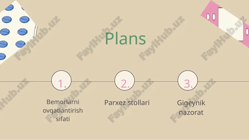 rtlariga rioya qilishni o'z ichiga oladi. bu talablar oziq-ovqatning xavfsizligini ta'minlash va bemorlarning sog'lig'ini saqlashda muhim rol o'ynaydi. sog'liqni saqlashdagi roli gigienik talablar sog'liqni saqlashda bemorlarning tezroq tiklanishiga yordam beradi. to'g'ri ovqatlanish va gigiena qoidalariga amal qilish, infektsiyalarni oldini olish va ovqatlanish bilan bog'liq muammolarni kamaytiradi. oziq-ovqat xavfsizligi oziq-ovqat xavfsizligini ta'minlash uchun, ovqatlar tayyorlanishidan oldin va davomida qo'l gigienasiga e'tibor berish zarur. oziq-ovqatni saqlash sharoitlari, shuningdek, ularning iste'mol muddatlariga rioya qilish muhimdir. gigiena qoidalari gigiena qoidalariga rioya qilishda, oziq-ovqatni to'g'ri saqlash, tayyorlash va iste'mol qilish tartib-qoidalariga amal qilish kerak. bu amallar bemorlarning umumiy salomatligini yaxshilashga yordam beradi. sifat nazorati jarayoni rejalashtirish bosqichi ovqatlanish sifatini nazorat qilish jarayonida rejalashtirish muhim ahamiyatga ega. bu bosqichda maqsadlar belgilab olinadi va resurslar taqsimlanadi, shuningdek, ovqatlanish jarayonining barcha jihatlari rejalashtiriladi. masalan, ovqatlarning taqdimoti va gigienik shartlar aniqlanadi. amalga oshirish bosqichi bu bosqichda rejalashtirilgan tadbirlar amalga oshiriladi. bemorlarning ovqatlanishida gigienik talablar va sifat standartlariga rioya qilishga …