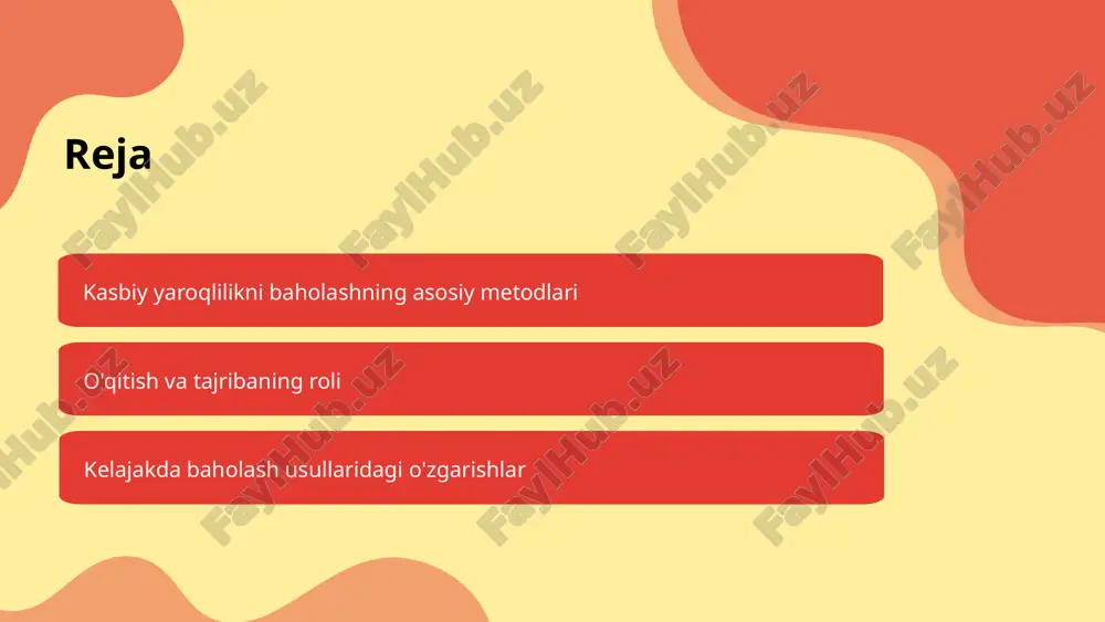 larini amaliyotda qo'llay olishini baholashdir. 1 2 4 anketalar va so'rovnomalar anketalar yordamida yaroqlilikni baholash usullari tibbiy xodimlarning kasbiy ko'nikmalarini aniqlashda muhim ahamiyatga ega. ushbu anketalar savollar orqali xodimlarning bilim va tajribalarini baholash imkonini beradi. so'rovnomalarda berilishi kerak bo'lgan savollar quyidagilarni o'z ichiga olishi mumkin: 1) sizning kasbiy tajribangiz haqida ma'lumot bering; 2) muammolarni qanday hal qilasiz?; 3) qanday qarorlar qabul qilasiz? olingan natijalarni tahlil qilishda statistik usullar, masalan, o'rtacha qiymat va standart og'ishlarni hisoblash, xodimlarning kasbiy yaroqliligini baholashda yordam beradi. intervyu metodlari intervyu o'tkazish jarayoni professional mutaxassislarning kasbiy yaroqliligini baholashda muhim ahamiyatga ega. bu jarayonda intervyu beruvchilar va intervyu oluvchilar o'rtasidagi savol-javob asosida bilim va ko'nikmalar haqida ma'lumot to'planadi. intervyu turlari: - strukturalangan intervyu: oldindan belgilangan savollar bo'yicha o'tkaziladi, bu natijalarni taqqoslash va tahlil qilishni osonlashtiradi. - yarim strukturalangan intervyu: ba'zi savollar oldindan tayyorlangan, lekin intervyu davomida qo'shimcha savollar berish imkoniyati mavjud. - strukturalanmagan intervyu: erkin tarzda, suhbat shaklida …