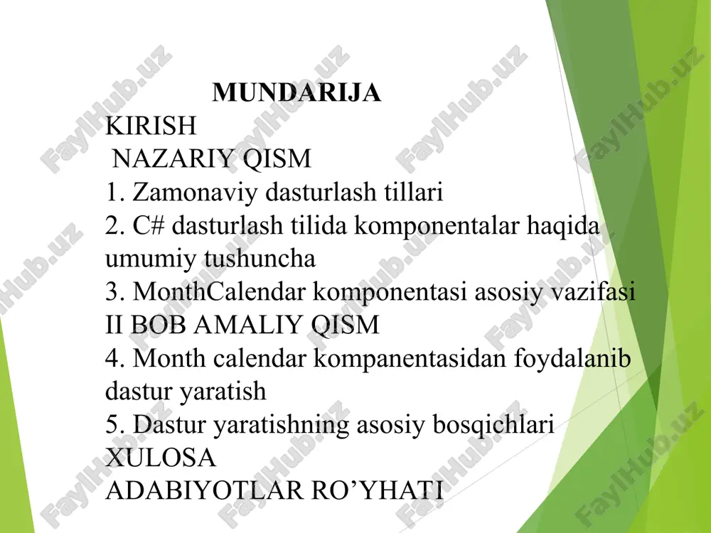 n, monthcalendar, 2ta panel, richtextbox , button komponentalarini oynaga tashlaymiz. dastur oynasi ko’rinishi: budilnik dasturi. budilnik dasturida form1 oynasi uchun uchun kerakli komponentalar : 7ta label, 4ta button, picturebox, monthcalendar, 2ta numericupdown, maskedtextbox, textbox, windowsmediaplayer,openfilediolog,4ta timer komponentalarga vazifasiga mos nom beramiz: dasturda yangi form va class oynalarini ochamiz. form2 oynasiga 4ta panel, 4ta radiobutton, 4ta label, 5ta maskedtextbox, 3ta button, 4ta textbox komponentalarini tashlaymiz. form2 oynasining ko’rinishi: bu yerda class oynasining vazifasi form1 va form2 oynalaridagi komponentalar qiymatlariga boshqa oynadan turib murojat qilishdir. qisqacha qilib aytadigan bo’lsam form oynalari o’rtasida bog’lovchi ko’prik vazifasini class oynasi bajaradi. xulosa men ushbu kurs ishini tayyorlash mobaynida yangi bilimlarga ega bo’ldim. monthcalendar komponentining xususiyatlarini o’rgandim. bundan tashqari timer, windowsmediaplayer, numericupdown komponentalari haqida ma’lumotga ega bo’ldim. endilikda bu olgan bilimlarimni yanada chuqurlashtirib yurtimizga munosib farzand bo’lib menga berilgan ishonchni oqlashga harakat qilaman. adabiyotlar ro`yhati 1. aripov m.m., imomov t., irmuhamedov z.m. va boshqalar. "informatika va …