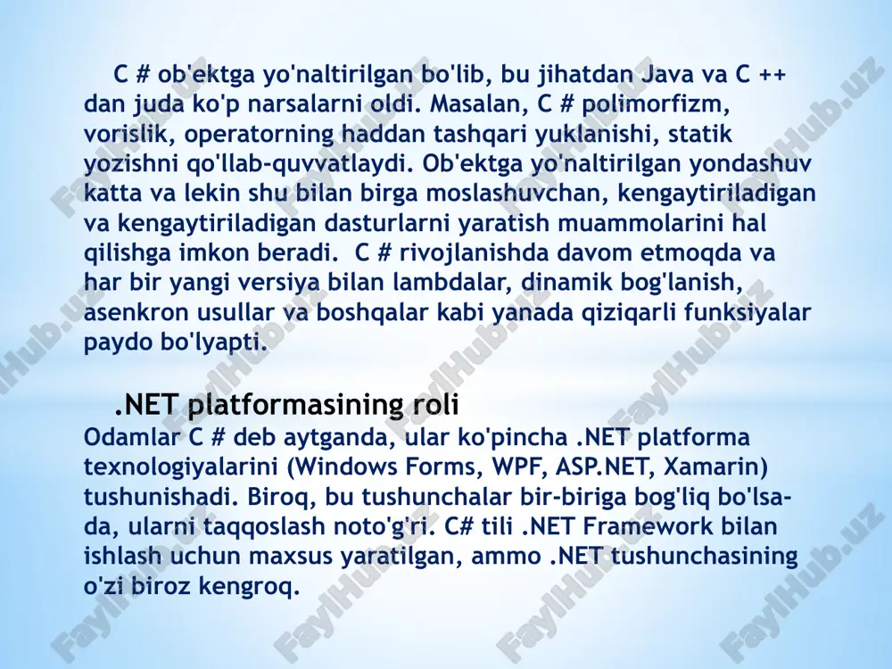 oslangan bo'lib, uning yordamida .net bir nechta tillarni qo'llab-quvvatlaydi: c # bilan bir qatorda vb.net, c ++, f #, shular jumlasidan. .net bilan bog'langan boshqa tillarning turli xil dialektlarini o'z ichiga oladi, masalan, delphi. net. tuzilganida, ushbu tillarning har qanday biridagi kod .net platformasi uchun assambleyerning bir turi bo'lgan umumiy o'rta til (cil) tarkibiga yig'iladi. shuning uchun, ma'lum sharoitlarda biz bitta dasturning alohida modullarini alohida tillarda tayyorlashimiz mumkin. 2. o'zaro faoliyat platforma. .net ko'chma (ba'zi cheklovlar bilan). masalan, hozirgi vaqtda platformaning so'nggi versiyasi - .net 5 eng zamonaviy windows, macos, linux operatsion tizimlarida qo'llab-quvvatlanadi. .net platformasidagi turli xil texnologiyalardan foydalangan holda siz c # da turli xil platformalar uchun dasturlar ishlab chiqishingiz mumkin - windows, macos, linux, android, ios, tizen. 3. kuchli sinf kutubxonasi. .net barcha qo'llab-quvvatlanadigan tillar uchun bitta sinf kutubxonasini taqdim etadi. va har qanday dasturni c # -ga yozmoqchimiz - matn muharriri, suhbat xonasi yoki murakkab veb-sayt …