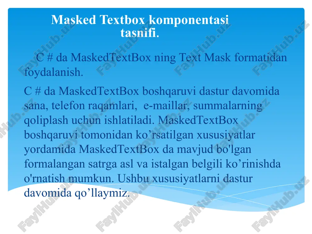 yordamchi komponentalarini kiritamiz. openfiledialog yordamchi komponentasining filter xususuyati yordamida bizga kerakli matn formatini kiritamiz. savefiledialog yordamchi komponentasining filter xususuyati yordamida bizga kerakli matn formatini kiritamiz. quyida maskedtextbox kamponentasi yordamida o’zimizga qulay bo’lgan chegaralarni yaratib olamiz: ikkinchi oynamiz yordamida qabul qilingan maxsulot haqidagi ma’lumotlarni maskedtextbox kamponentasida belgilab olgan chegaralarimiz yordamida osongina yozib olishimiz va kompyuter xotirasiga fayl yaratib ularni saqlashimiz mumkin. add text tugmasi yordamida : clean text tugmasini bosganimizdan kegingi holat: form1 using system; using system.collections.generic; using system.componentmodel; using system.data; using system.drawing; using system.linq; using system.text; using system.threading.tasks; using system.windows.forms; namespace masked { public partial class form1 : form { public form1() { initializecomponent(); } private void button1_click(object sender, eventargs e) { if(maskedtextbox1.text=="") { messagebox.show("iltimos parolni kiriting!"); } else if (maskedtextbox1.text == "20001107") { form2 a = new form2(); a.show();} else { messagebox.show("parol xato!"); } } } } form2. using system; using system.collections.generic; using system.componentmodel; using system.data; using system.drawing; using …