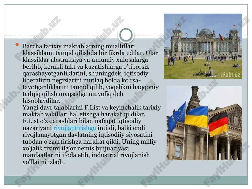 sodiy birligini ta’minlash maqsadida «savdo-sanoat ittifoqi»x\\ tuzdi. 1825-yilda germaniyani tark etib, aqshga doimiy yashash uchun ketdi. 1832-yildan f.list yevropaga qaytib, aqshning leypsigdagi elchisi bo'lib ishladi. u o'zining bor kuchini, idroki va iqtidorini iqtisodiy muammolarni keng o'rganishga qaratdi. sanoat burjuaziyasi manfaatlarining ifodachisi bo'lgan f.list iqtisodiy birlik uchun birinchilar qatori maydonga chiqdi. u o'zining «siyosiy iqtisodning milliy sistemasi» (1841) nomli asosiy asarida milliy siyosiy iqtisodni yaratish vazifasini o'rtaga qo'ydi. mamlakatning ishlab chiqaruvchi kuchlari to'g'risidagi ta’limot unga asos bo'lishi kerak edi. f.list dav­latning faoliyatini, dinni, axloqni, ma’naviyati kabilami ishlab chiqa­ruvchi kuchlar jumlasiga qo'shdi. f.listning ta’limotiga ko'ra, qiymatni ishlab chiqaruvchi kuchlar, «millatning ruhi» (toj-taxtning meros bo'lib qolishi, huquq, sud, armiya, polisiya va shu kabilar) yaratadi. list iqtisodiy fanda klassik maktabni, ayniqsa, uning yirik namoyan- dasi bo'lgan a.smit iqtisodiyotini tanqid qiluvchi bo'lib faoliyat ko'rsatdi, lekin u klassik maktabning asosi bo'lgan qiymat va daromadlar nazariyasini mutlaqo tahrir qilmadi. iqtisodiyotning bu kategoriyalari olimni qiziqtirmadi. asosiy e’tibor iqtisodiy …