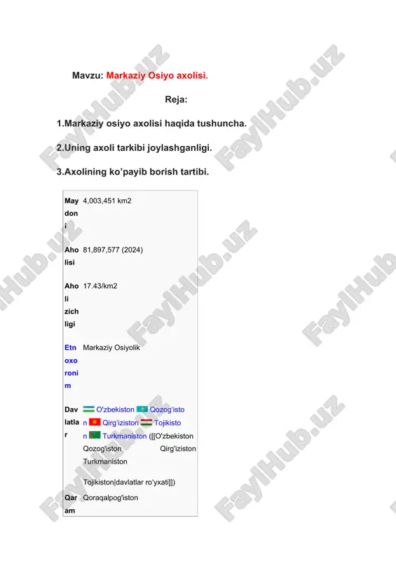 izlar va uygʻurlar kabi turkiy xalqlarning vataniga aylandi. tojikistonni istisno qilganda, hududda amal qilgan eroniy tillar oʻrniga turkiy tillar kirib keldi. tarixan markaziy osiyo buyuk ipak yoʻli bilan aloqador boʻlib, yevropa va uzoq sharq orasida odamlar, tovarlar va gʻoyalar almashinuvi uchun chorraha vazifasini bajargan. markaziy osiyoning koʻpchilik davlatlari bugungi kunda ham dunyo iqtisodining muhim tarkibiy qismi hisoblanadi.[4][5] xix asr oxirlaridan xx asr oxirigacha markaziy osiyo ruslar tomonidan mustamlakaga aylantirilgan. hudud dastlab rossiya imperiyasi, keyinchalik sovet ittifoqi tarkibiga kiritilgan boʻlib, bu ruslar va boshqa slavyan xalqlarining hududga koʻchib kelishiga sabab boʻldi. bugungi kunda markaziy osiyoda kelib chiqishi yevropalik boʻlgan koʻp sonli xalqlar mavjud boʻlib, ulardan asosiy qismi qozogʻistonda istiqomat qiladi. hududda 7 million ruslar, 500,000 ukrainlar va tahminan 170,000 nemislar yashaydi. stalin davridagi majburiy koʻchirishlari sababli hudduda bugungi kunda 300,000 dan ortiq koreyslar ham istiqomat qiladi.[6] markaziy osiyoda tahminan 80.2 million kishi istiqomat qilib, ular beshta davlatga taqsimlangan: qozogʻiston (20 million), …