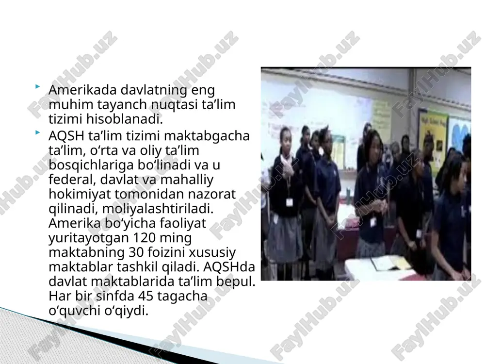 oblanib, u oʻsha ball asosida institutga imtihon topshiradi. amerikalik oʻqituvchilar oʻquvchilarning izlanishini yuksak qadrlaydi. shu bois maktablarda ilmiy yangiliklar mashgʻulotiga alohida ahamiyat beriladi. har bir oʻquvchi yil davomida maʼlum fan boʻyicha yangilik, ixtiroga qoʻl urishi va yil yakunida amalga oshirgan kashfiyoti yoki gʻoyasi boʻyicha hisobot berishi kerak. yoqqanini tanlab ol qoʻshma shtatlarda bolalar 5 yoshdan boshlangʻich maktabga qatnaydi. bu payt tayyorlov muddati hisoblanib, umumiy maktab davriga kirmaydi. (bu nolinchi sinf ham deb yuritiladi) olti yoshdan maktab dasturiga oʻtiladi. bu bolaning kelajagi uchun muhim bosqich hisoblanadi. negaki, bu davrda bolaning aqliy qobiliyat koeffitsienti aniqlanadi. bolaning ilgʻor yoki qoloq guruhlardan oʻrin olishi ana shu intellektual qobiliyat (iq) ga bogʻliq. boshlangʻich maktablarda bolalarning jamiyatga tez va oson moslashuvini taʼminlash, ularda ijodiy qobiliyatni uygʻotish uchun muzey, teatr kabi qator madaniy maskanlarga olib boriladi. yana bolalar ota-onalarining ish joylari bilan ham tanishtiriladi. bu sayohatlar tufayli bolalar maʼlum kasblar haqida tushunchaga ega boʻladi. 5-sinfdan bola oʻqishni …