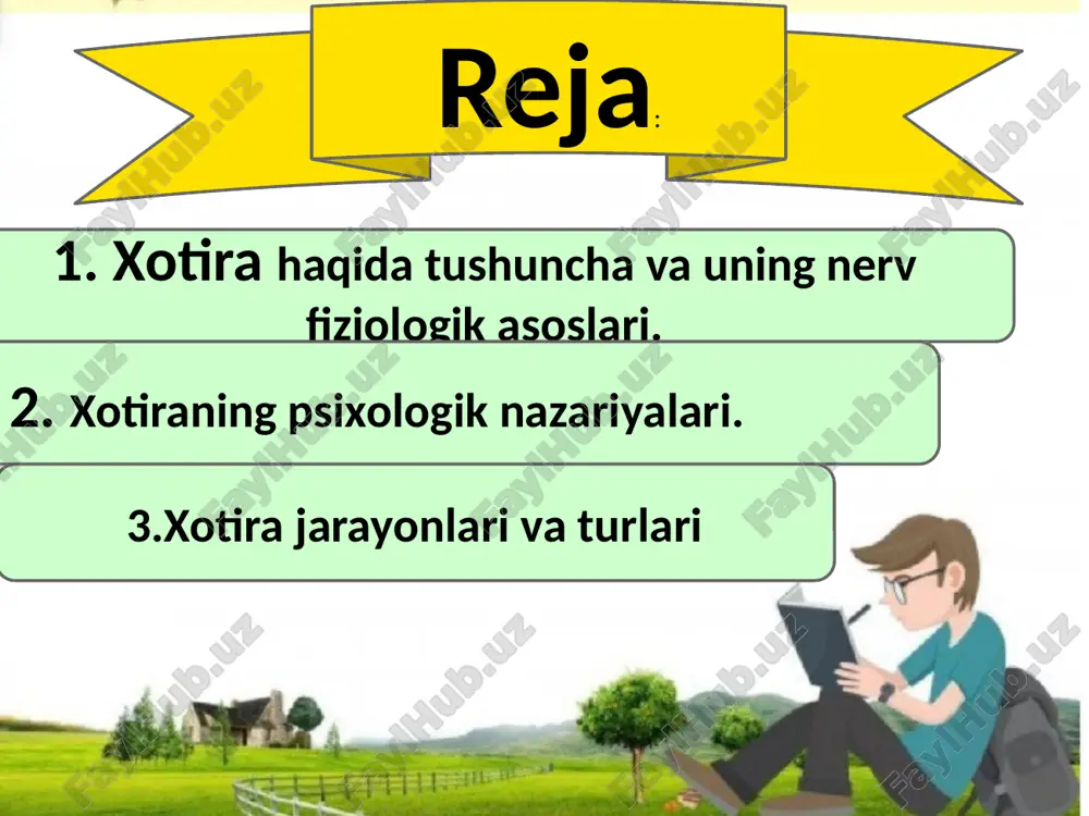 suhbatlashib turilganda) oʻz-oʻzidan esda saqlab qolinadi. barqarorligi jihatdan ixtiyoriy xotira ixtiyorsiz xotiradan samaraliroq. xotira xususiyatlarining orasida uning quyidagi tabiiy xossalari ajratiladi: yodda saqlash tezligi – axborotni xotirada saqlab qolish uchun zarur bo‘lgan takrorlashlar soni unutish tezligi – esda qolganlarning xotirada saqlanish muddati faqat xotira insoniylik madaniyatining yo‘qolib ketmasligiga, tafakkurimizning tadbiq etilishiga va tuyg‘ularimizning kechishiga ko‘mak beradi. ruhiy maqsad faoliyatiga binoan: a)ixtiyorsiz b) ixtiyoriy c) mexanik ruhiy faoliyat davomiyligiga kõra: a)qisqa muddatli b)uzoq muddat c)operativ xotira eʼtiboringiz uchun tashakkur image1.jpeg image2.jpeg