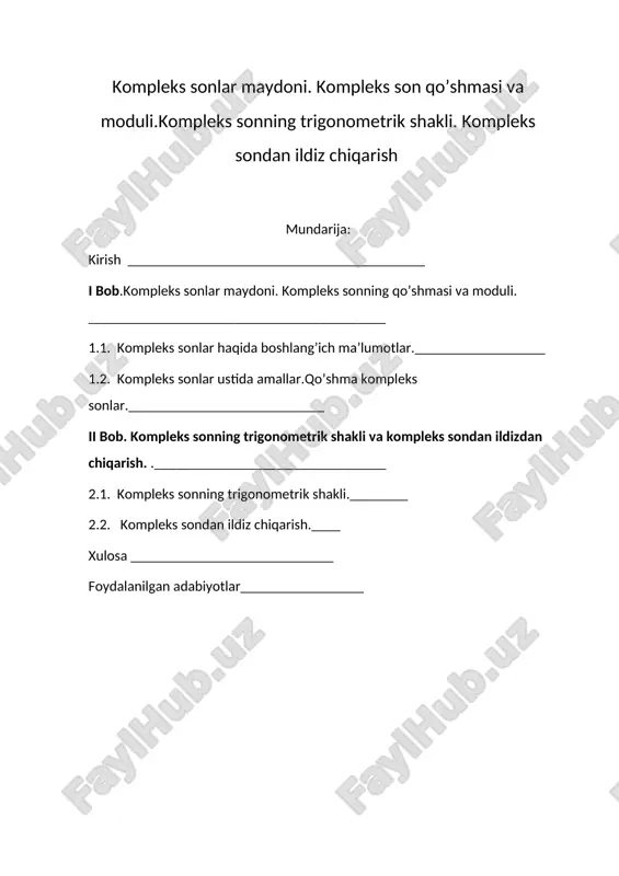 i dasturi asosida tayyorlangan ushbu qo’llanma ham shu ezgu maqsadni amalga oshirish uchun qo’yilgan navbatdagi qadamdir . qo’llanma matematika fanidagi kompleks sonlar mavzusiga bag’ishlangan bo’lib , unda kompleks sonlarga oid ko’plab nazriy ma’lumotlar ,amaliy masalalar o’z aksini topgan. agar son tushunchasining rivojlanib borishiga nazar tashlasak , uning boshi natural son bo’lib , nol va manfiy butun sonlarning , undan so’ng butunning ulishlari yordamida kasr sonlarning kiritilishi natijasida ratsional son tushunchasiga kelingan bo’lsa ,kompleks sonning kiritilishi uni haqiqiy sonlarda yechimi yo’qligini kengaytirdi. bunga sonlar ustida bajariladigan amallarga to’siq bo’ladigan holatni bartaraf qilish maqsadida qabul qilingan yangi tushunchalar sabab bo’ldi. agar x2+1=0 tenglamani qarasak, u haqiqiy sonlar to’plamida yechimga ega emasligi ravshandir. shu misolning o’zi haqiqiy sonlar to’plami hali mukammal emasligini , ya’ni uni yana kengaytirish kerakligini anglatadi. 5 bu yerda son tushunchasini haqiyiy sondan keying navbatdagi mukammallashtirish natijasi bo’lgan kompleks snlarni va ular ustidagi asosiy algebraic amallarga oid ma’lumotlarni keltiramiz mavzuning …
