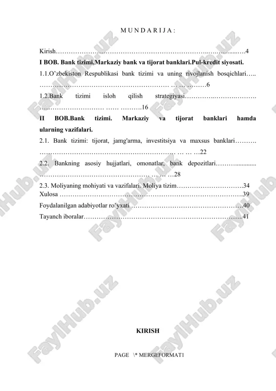 vazirlar mahkamasining qarorlari va qator boshqa me’yoriy hujjatlar qabul qilindi.hozirgi kunda bank tizimini o'rganish iqtisodiyotning dolzarb masalalaridan biri hisoblanadi. banklar bizning hayotimizga qattiq kirishdi. ular iqtisodiyotning hayotiy faoliyatini ta'minlaydi, ammo keng ommaga ko'rinmaydi. lekin bu ularning muammolarini va hal qilinishi va ta'minlanishi kerak bo'lgan ehtiyojlarni unutishning sababi emas. barqaror, moslashuvchan va samarali bank infratuzilmasini yaratish eng muhim va o'ta murakkab vazifalardan biridir. o'zbekiston respublikasi oliy majlisi qonunchilik palatasi va senatining qo'shma majlisida "... yaratilayotgan moliya-bank tizimining yuqori o'sish sur'atlari, barqarorligi va ishonchliligi, iqtisodiyotdagi muvaffaqiyatli tarkibiy o'zgarishlar vaumuman, mamlakatni modernizatsiya qilish yo'lidagi o'zbekistonning ishonchli qadamlari bugungi kunda jahon jamoatchiligi, shuningdek, xalqaro valyuta jamg'armasi, jahon banki kabi nufuzli xalqaro moliya tashkilotlari tomonidan o’z e'tirofini topmoqda,osiyo taraqqiyot banki va boshqalar." yo'l bilan bank tizimini rivojlantirish va faoliyat yuritishi uchun qulay shart - sharoitlar yaratish mumkin-bozor mexanizmlarining samarali faoliyat ko'rsatishi uchun zarur komponent.bugungi kunda rivojlangan tovar va moliya bozorlari sharoitida bank tizimining tuzilishi keskin …