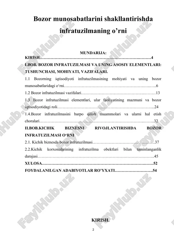 ida" degan ma'noni anglatadi. ushbu ishda bozor iqtisodiyotining normal faoliyat yuritishi uchun umumiy shart-sharoitlarni ta'minlovchi vositalar, shakllar, usullar va jarayonlar majmuini ko'rib chiqamiz. ushbu mavzuni o'rganish bozor munosabatlari rivojlanishining hozirgi bosqichida juda dolzarb va muhimdir. darhaqiqat, yaxlit, samarali ishlaydigan infratuzilmasiz zamonaviy bozor iqtisodiyotining mavjudligi mumkin emas. infratuzilma bozorning ajralmas qismidir, shuning uchun uni o'rganish bozor mexanizmlarini shakllantirish va barqaror rivojlantirish va faoliyat ko'rsatishi, tovar aylanmasi jarayonini ta'minlaydigan, aholi ehtiyojlarini qondiradigan turli bozor qonunlarining ishlashini optimallashtirish uchun zarurdir. va jamiyatning ijtimoiy sohasini tartibga soladi. kurs ishining maqsadi bozor iqtisodiyoti infratuzilmasining zamonaviy modelini shakllantirish tendentsiyalarini, uning asosiy elementlarini aniqlash, bozor tuzilmasini rivojlantirishning asosiy yo'nalishlarini o'rganish, bozor iqtisodiyoti infratuzilmasi faoliyati haqida tizimli tushunchani shakllantirishdir. infratuzilma, infratuzilma institutlari faoliyatini davlat tomonidan tartibga solish shakllari va usullarini ishlab chiqish. maqsadga muvofiq quyidagi vazifalar belgilandi: 1. «bozor iqtisodiyoti infratuzilmasi» toifasining mazmunini aniqlashning nazariy yondashuvlarini ko‘rib chiqish va tizimlashtirish; 2. bozor infratuzilmasini shakllantirishda davlatning rolini belgilash va …
