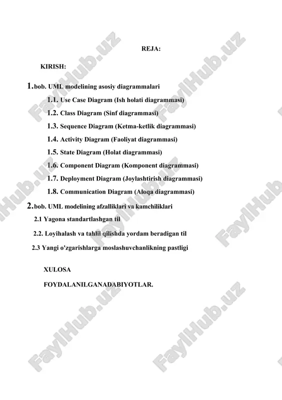 va har bir modulning o'zaro aloqalarini aniq ko'rsatishga yordam beradi. bu loyiha jamoalariga tizimni to'liq tushunishga va aniq loyihalashga imkon yaratadi. agile va boshqa zamonaviy metodologiyalar bilan uyg'unlik: uml bugungi kunda agile (qisqa sikllar bilan ishlash) va devops kabi zamonaviy dasturiy ta'minot ishlab chiqish metodologiyalari bilan yaxshi integratsiya qilinadi. uml diagrammalarini tez va samarali ravishda yaratish mumkin, va ular tizimning rivojlanish jarayonida o'zgartirilishi mumkin. bu esa tezkor va moslashuvchan rivojlanish jarayonlarini qo'llab-quvvatlaydi. ishning maqsadi: uml modeli tilida axborot tizimlarini loyihalash texnologiyalari haqida asosiy tushuncha berish, hozirgi kunda bu model qanaqa qo’llaniliyapti. tizimning strukturasini, funksiyalarini va jarayonlarini to‘liq tasvirlash. tizimni ishlab chiqishda turli soha mutaxassislari (dasturchilar, arxitektorlar, analitiklar) o‘rtasida samarali kommunikatsiyani ta'minlash. tizimning rivojlanish jarayonini boshqarish va qiyinchiliklarni oldindan aniqlash. uml modellari yordamida axborot tizimlarining barcha jihatlarini o‘rganish va loyihalash jarayonini optimallashtirish mumkin. uml diagrammalarini to‘g‘ri va aniq ishlatish tizimni ishlab chiqishda sifatni oshiradi va xatoliklarni kamaytiradi. uml (unified modeling language) …