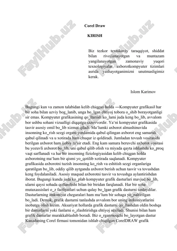an grafik dasturni tanlaydilar. dasturlarning imkoniyat chegaralari ham ma‘lum bir sohaga yo‗naltirilgan bo‗ladi. demak, grafik dasturni tanlashda avvalom bor uning imkoniyatlarini inobatga olish lozim. aksariyat hollarda grafik dasturni qo‗llashdan oldin boshqa bir dasturlarni yoki fanlarni o‗zlashtirishga ehtiyoj seziladi. shunisi bilan ham grafik dasturlar murakkablashib boradi. biz o‗rganmoqchi bo‗layotgan dastur kanadaning corel firmasi tomonidan ishlab chiqilgan coreldraw grafik dasturidir. bu firmaning 4 juda ko‗plab dasturiy mahsulotlari mavjud bo‗lib, butun dunyoda keng ommalashib ketgan, eng so‗ngi texnologiyalarni o‗zida mujassamlashtiradi. ushbu o‗quv qo‗llanmadagi ma‘lumotlar coreldraw x4 dasturining ruscha versiyalariga moslashtirilgan, ya‘ni qo‗llanmadagi terminlar dastur jihozlarining nomlari, interfeys elementlari, parametrlar, effektlar nomlanishiga mos tushadi. o‗quv qo‗llanma coreldraw x4 dasturini mustaqil o‗rganmoqchi bo‗lgan foydalanuvchilar uchun mo‗ljallangan. undagi ma‘lumotlar foydalanuvchidan qandaydir maxsus tayyorgarlik talab qilmaydi va qisqa vaqtda coreldraw x4 dasturida ishlash imkoniyatini beradi. qo‗llanmadagi har bir amal ko‗rgazmali ravishda tushuntirilgan. ko‗rgazmalar ikki qismdan, ya‘ni coreldraw x4 dasturining va yaratilayotgan grafik tasvirning amal bajarilguncha holati va …