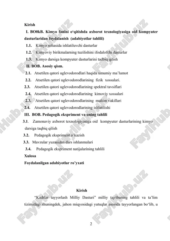 yaratishni, jamiyat, davlat va oila oldidagi javobgarligini his etadigan fuqarolarni tarbiyalashni o‘z oldiga maqsad qilib olgandir [1]. darhaqiqat, “kadrlar tayyorlash milliy dasturi” inson, uning har tomonlama uyg‘un kamol topishi va farovonligi, shaxs manfaatlarini ro‘yobga chiqarishning sharoitlarini va ta’sirchan mexanizmlarini yaratishda eskirgan taffakkur va ijtimoiy xulq-atvorning andozalarini o‘zgartirishda respublikamizda amalga oshirilayotgan islohotlarning samara berishida asosiy ro‘l o‘ynovchi yuqori malakali, zamonaviy kadrlarni tayyorlashni o‘z oldiga maqsad qilib olgan [2]. bu borada mustaqillik yillarida respublikada amalga oshirilgan islohatlar doirasida uzluksiz ta’lim tizimini shakllantirish, uzluksiz ta’lim tizimining barcha bosqichlarida faoliyat olib borayotgan ta’lim muassasalari faoliyatini yanada takomillashtirish, ta’lim-tarbiya jarayonida ilg‘or texnologiyalarni tadbiq etish borasida ko‘plab islohotlar olib borildi. yuqoridagi fikrlardan kelib chiqqan holda, kimyo fanini o‘qitishda yangi pedagogik texnologiyalardan samarali foydalanish juda muhumligini ta’kidlab o‘tish joiz. bugungi kunda kompyuter texnologiyalarining shiddat bilan rivojnanishi barcha sohalar kabi ta’lim sohasida ham keng foydalanishga imkon beradi. bunga yaqqol misol sifatida elektron darsliklarning yaratilishini keltirish mumkin. kimyo fani …