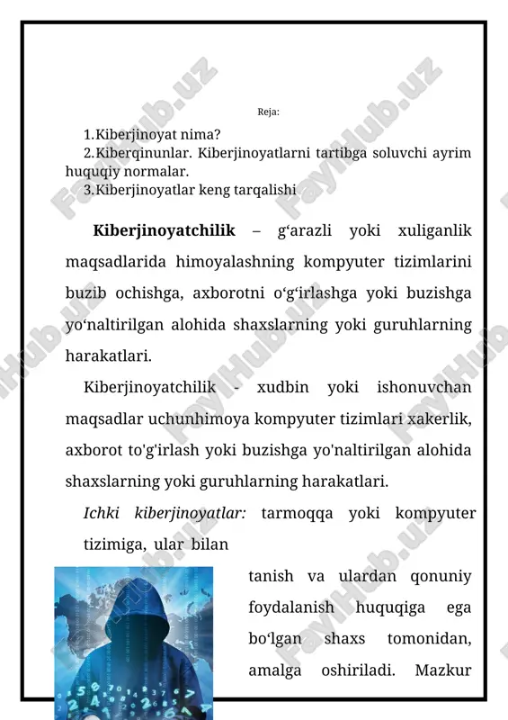 hilik tashkilotning nafaqat moliyaviy yo‘qotishlariga, balki obro‘sining yo‘qolishiga ham sababchi bo‘ladi. hujum tashqaridan amalga oshirilgani bois, hujumchi harakatni tashkilot at infrastrukturasini skaner qilish va unga aloqador ma’lumotlarni to‘plashdan boshlaydi. xususan, malakali buzg‘unchi dastlab tashkilotda foydalanilgan tarmoqlararo ekran vositasining log faylini tahlil qilishdan boshlaydi. shu bois, tarmoq ma’muri mazkur imkoniyatni buzg‘unchiga taqdim etmasligi shart. kiberjinoyat amalga oshirilganida quyidagilar asosiy maqsad sifatida qaraladi: · mablag‘, qimmatli qog‘ozlar, kredit, moddiy boyliklar, tovarlar, xizmatlar, imtiyozlar, ko‘chmas mulk, yoqilg‘i xomashyosi, energiya manbalari va strategik xomashyolarni noqonuniy o‘zlashtirish; · soliq va boshqa yig‘imlarni to‘lashdan bosh tortish; · jinoiy daromadlarni qonunlashtirish; · qalbaki hujjatlar, shtamplar, muhrlar, blankalar, shaxsiy yutuq chiptalarini qalbakilashtirish; · shaxsiy yoki siyosiy maqsadlarda maxfiy ma’lumotlarni olish; · ma’muriyatning yoki ishdagi hamkasblarning g‘arazli munosabatlari uchun qasos olish; · shaxsiy yoki siyosiy maqsadlar uchun mamlakat pul tizimini buzish; · mamlakatdagi vaziyatni, hududiy ma’muriy tuzilishni beqarorlashtirish; · talonchilik, raqibni yo‘q qilish yoki siyosiy maqsadlar uchun muassasa, korxona …
