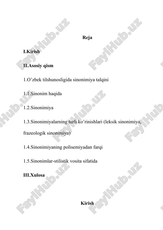 r vositasida bog’langan qo’shma gaplarni o’rganishdan iboratdir. kurs ishining obyekti. turli mutanosib va qarama-qarshi fikrlar bayon etilgan ilmiy manbalar va badiiy asardagi matnlar. kurs ishining ilmiy-amaliy ahamiyati. bu kurs ishi darsda seminarlar tashkil etishda va filologiya sohasi bo’yicha qo’llanmalar tayyorlashda manbaa bo’lib xizmat qiladi. kurs ishining tuzilishi. kurs ishining umumiy tavsifi, asosiy qism, xulosa va foydalanilgan adabiyotlar ro’yxatidan tashkil topgan. 1.o’zbek tilshunosligida sinonimiya talqini. 1.1.sinonim haqida. sinonimlar-so’zning ma’noli shakllaridan biri bo’lib, talaffuzi, yozilishi har xil va birlashtiruvchi ma’nosi bir xil bo’lgan, qo’shimcha ma’no nozikligi bilan emotsional ma’nosi qo’llanishi kabi bir qator xususiyatlari bilan o’zaro farqlanadigan so’zlardan tashkil topgan. sinonimlarlar qatoridagi bir suz bosh so’z (asosiy so’z) hisoblanadi. bosh so’z, odatda, hozirgi adabiy tilga mansubligi, emotsional bo’yoq va uslubga ko’ra betarafligi kabi xususiyatlari bilan shu qatordagi boshqa so’zlardan farqlanadi hamda xuddi shu xususiyatlariga ko’ra tilda boshqalariga nisbatan keng qo’llanadi. masalan: chiroyli, go’zal, husnli, ko’hli, zebo, sohibjamol, suluv kabi so’zlar qatorida chiroyli …