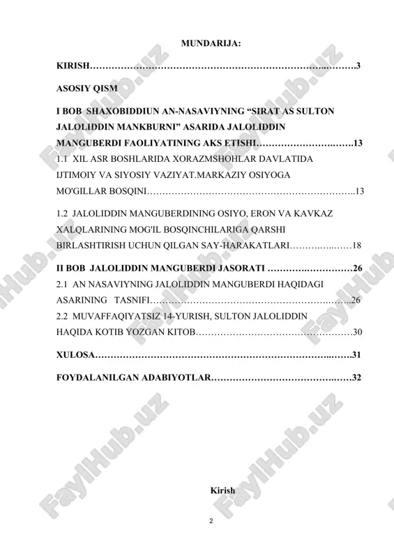 staqil fikrga ega bo‘lib, doim adolat yuzasidan ish ko‘rgan. an-nasaviyning yozishicha, xorazmshoh sulton muhammad barcha ishlarda dono vaziri shaxobiddin xivaqiy bilan maslahatlashgan va uning fikrlariga quloq solgan. mo‘g‘ullar hujumi jarayonidagi voqealar bu ulkan saltanatning siyosiy asoslari ancha bo‘sh ekanligini ko‘rsatdi. mamlakatdagi turli siyosiy kuchlar o‘rtasidagi hokimiyat uchun kurash, xalq millat uchun og‘ir kunlarda dushmanga qarshi yakdil bo‘lib birlasha olmaslik, aksincha, o‘zaro nizo, fisqu-fasodlarning yanada kuchayishi, oxir-oqibat saltanatni halokatga olib keldi. zamondoshlarini va keyingi avlod vakillarini hayron qoldirib, juda qisqa muddatda (uch yil davomida) mag‘lub bo‘lgan bu ulkan saltanatning va uning hukmdori xorazmshoh sulton muhammadning achchiq taqdiri hozirgi avlod uchun achchiq saboq bo‘lmog‘i lozim. zero, tarix saboq olish uchun…. kurs ishi maqsadi va vazifasi: bor-yog`i o`ttiz ikki yilgina umr ko`rgan bu bahodir zotning mo`tabar nomi o`z zamonasida dunyo bo`ylab qanchalar dovruq taratgan bo`lsa, oradan ko`p-ko`p asrlar o`tgach ham mardlik va ozodlik uchun kurash, el-yurtga fidoyilik timsoli sifatida yashab kelmoqda. uning qahramonligi …