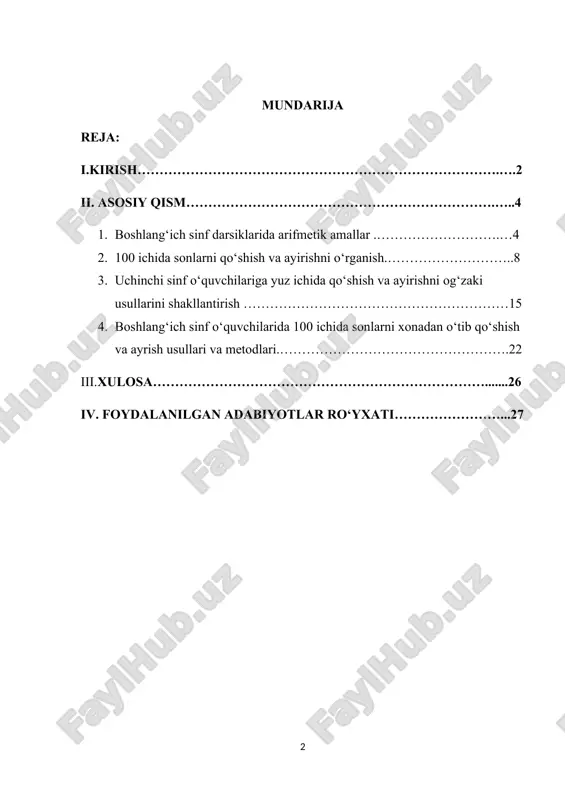 kasi prezidenti sh.m.mirziyoyev "yangi o'zbekiston strategiyasi 2022-yil] • matematika fanini sodda va qiziqarli tilda tushintirish maqsadida fanning dasturi to‘liq qayta ko‘rib chiqildi; • o‘quvchilarda kundalik faoliyatda qo‘llash, fanlarni o‘rganish va ta’lim olishni davom ettirish uchun zarur bo‘lgan matematik bilim va ko‘nikmalar tizimini shakllantirish va rivojlantirish; • jadal taraqqiy etayotgan jamiyatda muvaffaqiyatli faoliyat yurita oladigan, aniq va ravshan, tanqidiy hamda mantiqiy fikrlay oladigan shaxsni shakllantirish; • milliy, ma’naviy va madaniy merosni qadrlash, tabiiy-moddiy resurslardan oqilona foydalanish va asrab-avaylash, matematik madaniyatni umumbashariy madaniyatning tarkibiy qismi sifatida tarbiyalashdan iborat. 100 ichida qo‘shish va ayrish 2-sinfda o‘qitiladi, ammo tayyorgarlik 1-sinfdan boshlanadi, 10 va 100 ichida nomerlashga bog‘liq holda sanash orqali qo‘shish va ayirish ham o‘rgatilib boriladi. 2-sinf boshida 1-sinfdagi misollardan murakkabroq misollar unga bog‘lab tushuntiriladi. yil oxiriga kelib o‘quvchilarda sonlarning tarkiblari haqidagi bilim ortadi va kengayadi, bu esa bir xil topshiriqlarni bajarish imkonini beradi. m: 16 ning ichida 2 soni 8 marta bor; 4 …